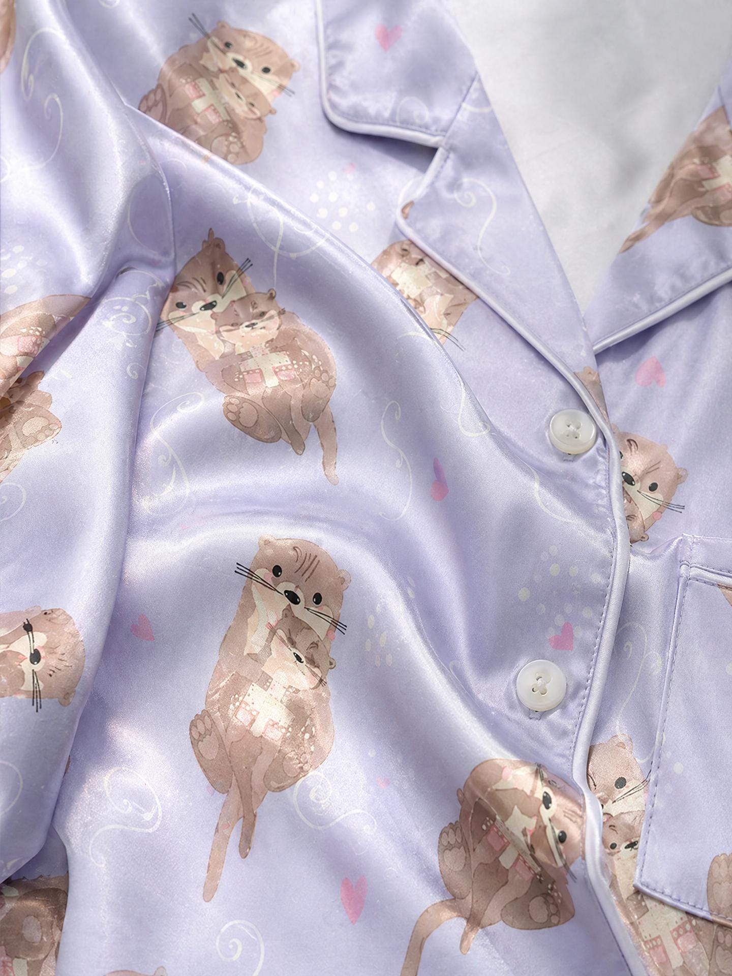 Otter Mom Satin Pajama Set, Cute Baby Otter PJs, Summer Short  Sleepwear, Cottagecore Animal Lounge Set