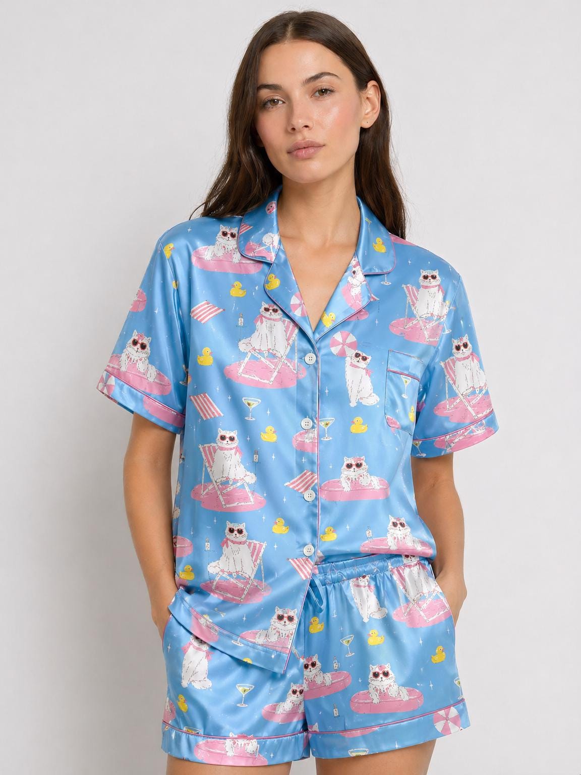 Vacation Cat Satin Pajama Set, Cute  Summer Pajamas, Pool Party Sleepwear, Beach Lounge PJs, Animal Pajamas, Birthday Gift for Her