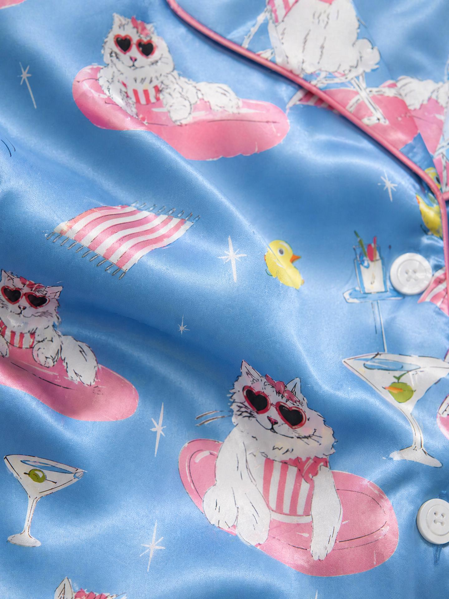 Vacation Cat Satin Pajama Set, Cute  Summer Pajamas, Pool Party Sleepwear, Beach Lounge PJs, Animal Pajamas, Birthday Gift for Her