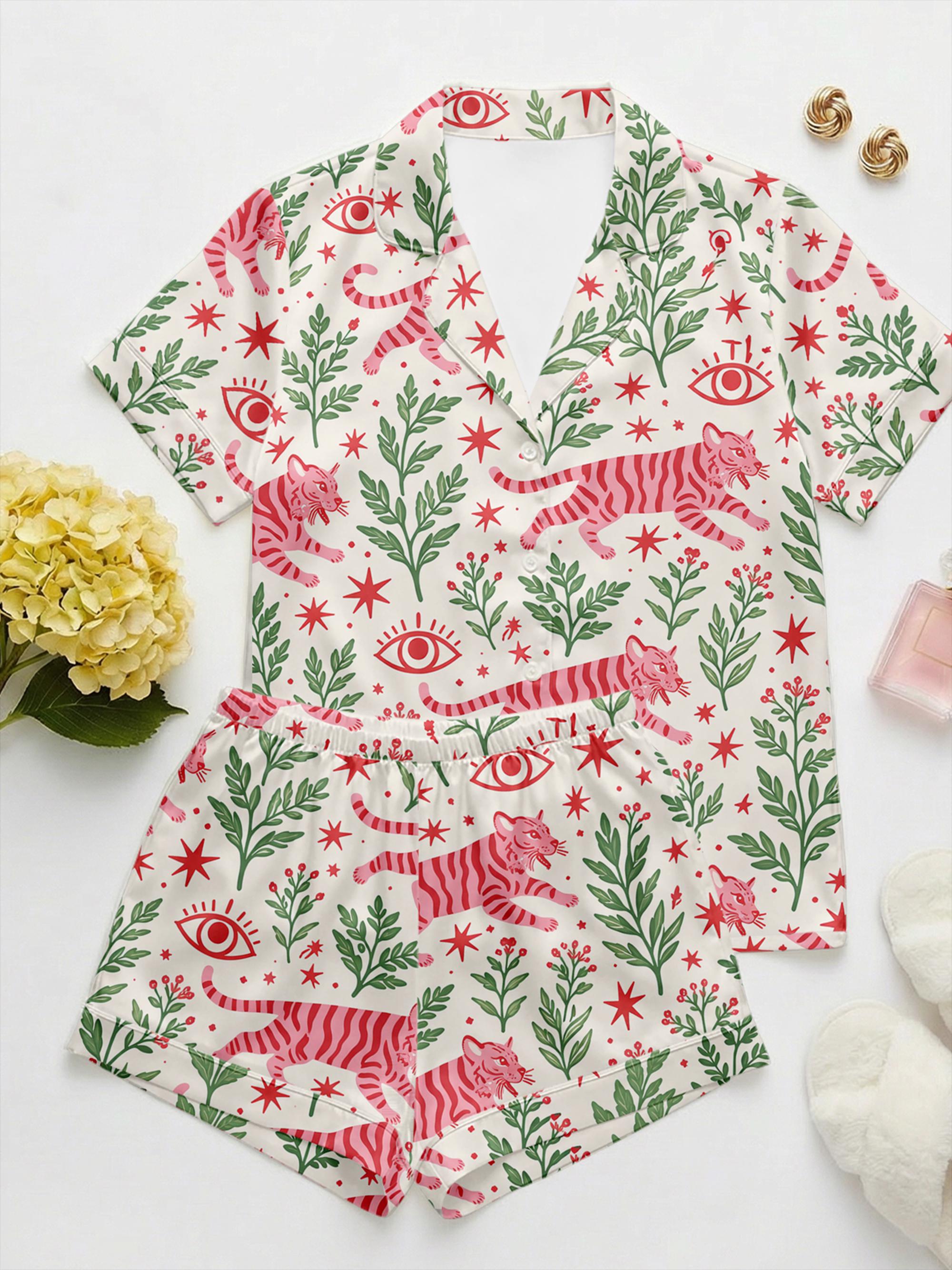 Satin Pajama Set Women, Tiger Botanical Print Sleepwear, Summer Garden Loungewear