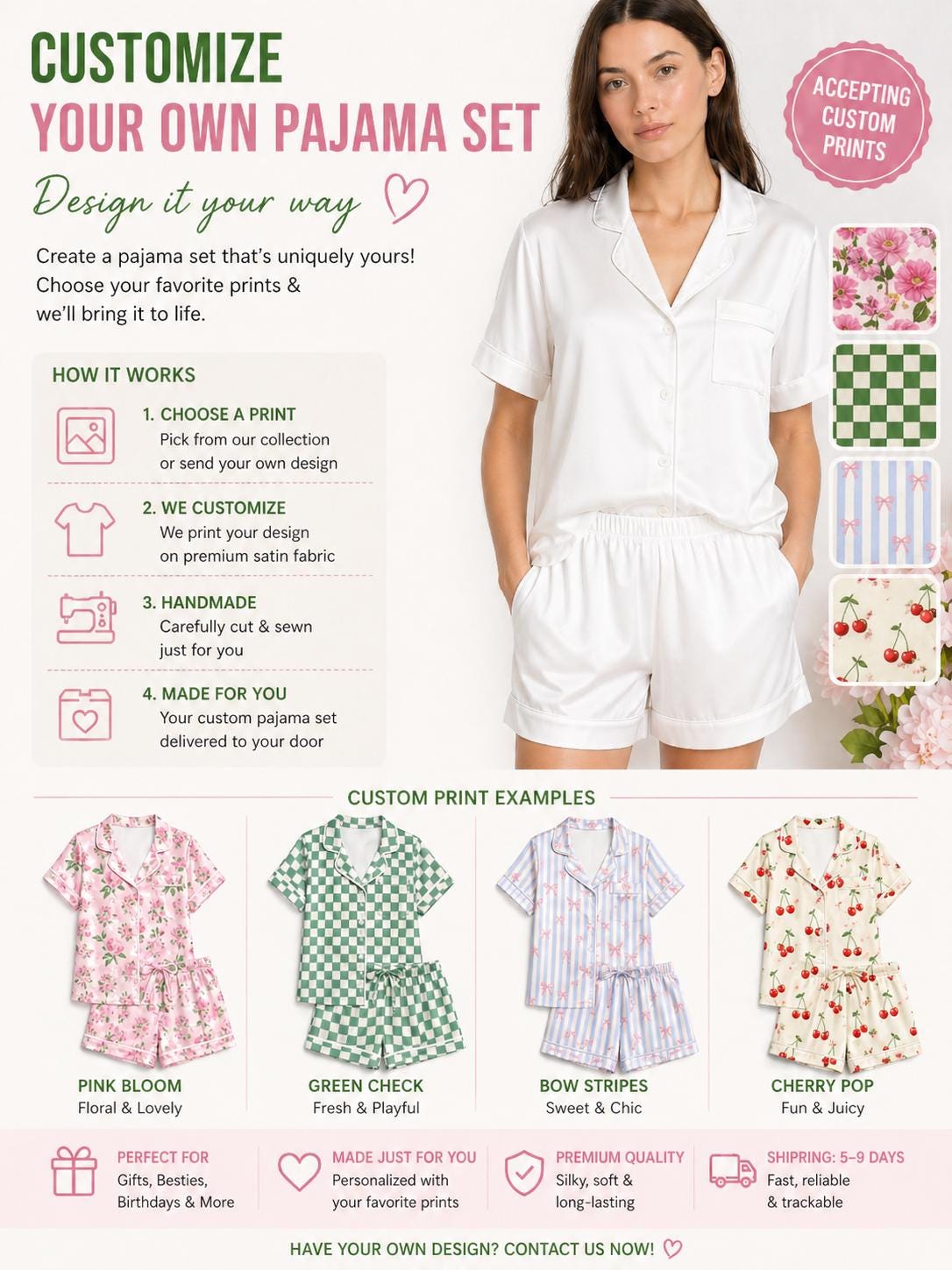Panda Satin Pajama Set, Striped Cute Animal Pajamas, Summer Short PJs, Green Stripe Sleepwear, Custom Animal Pajamas, Gift for Her