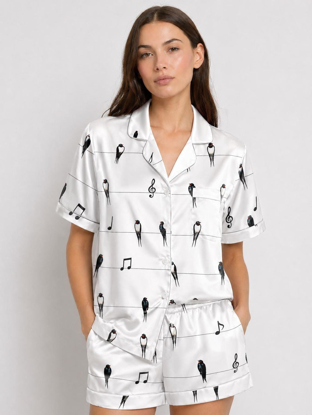 Swallow Satin Pajama Set, Bird Print Sleepwear, Musical Notes Pajamas, Bridal Pajamas Set, Short Sleeve Summer PJs, Custom Bird Pajamas