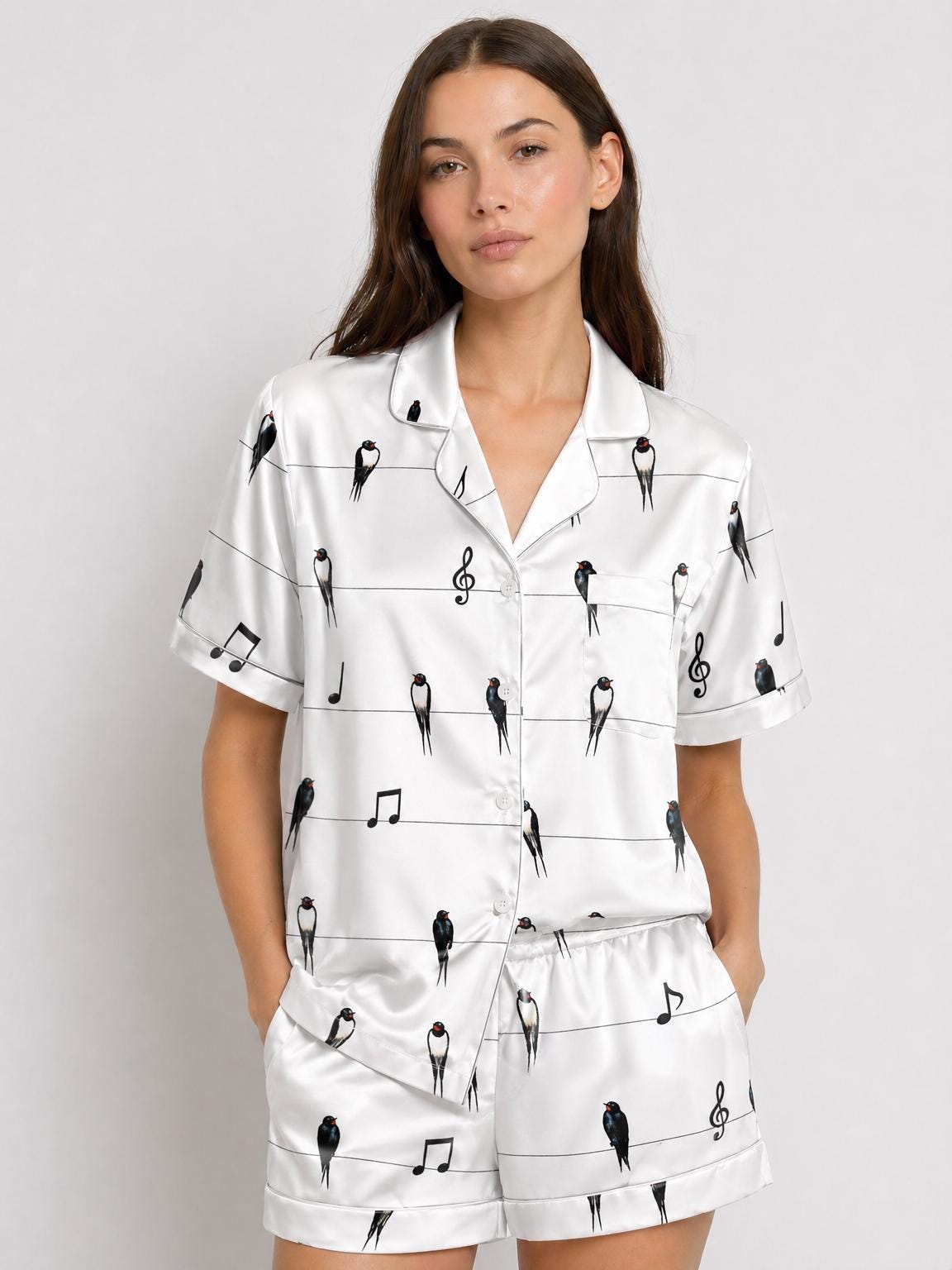 Swallow Satin Pajama Set, Bird Print Sleepwear, Musical Notes Pajamas, Bridal Pajamas Set, Short Sleeve Summer PJs, Custom Bird Pajamas