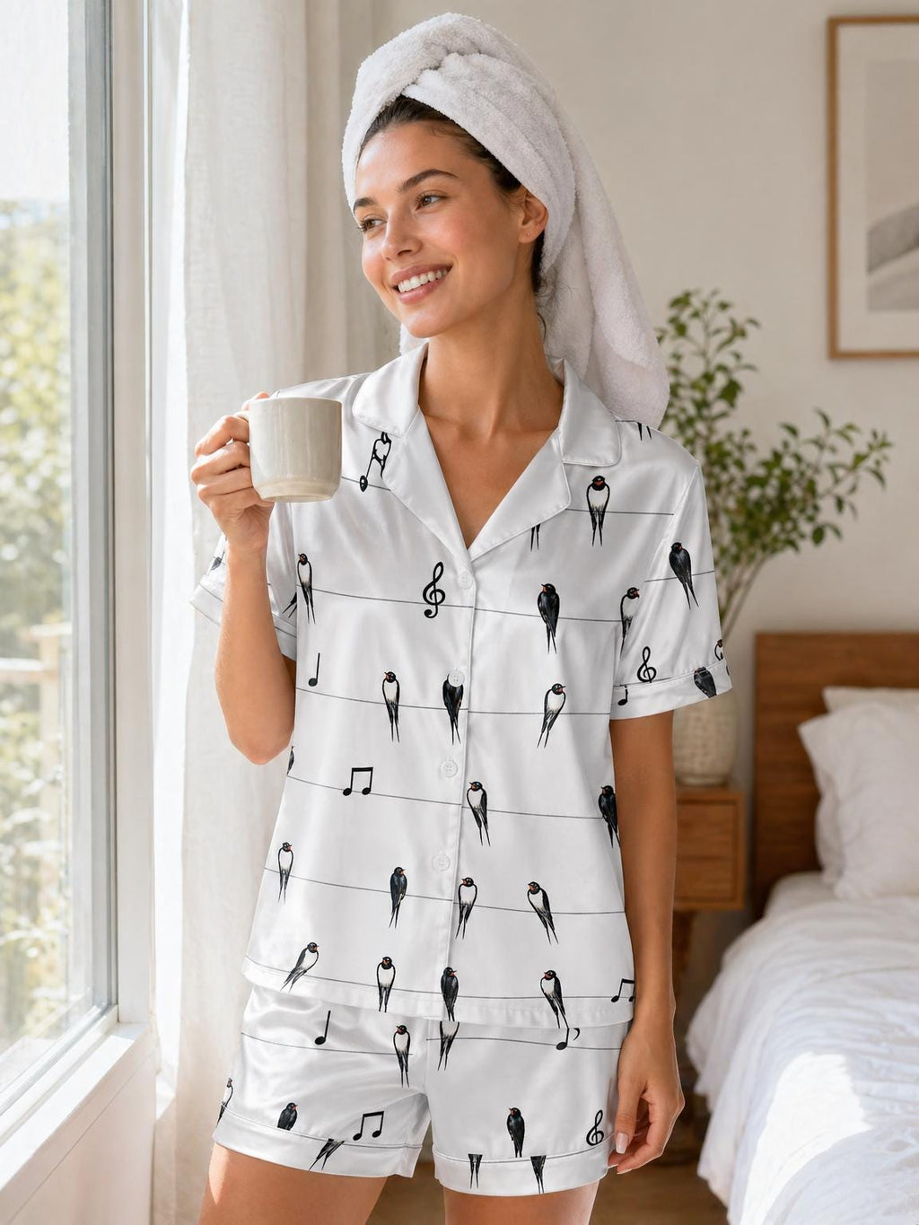 Swallow Satin Pajama Set, Bird Print Sleepwear, Musical Notes Pajamas, Bridal Pajamas Set, Short Sleeve Summer PJs, Custom Bird Pajamas