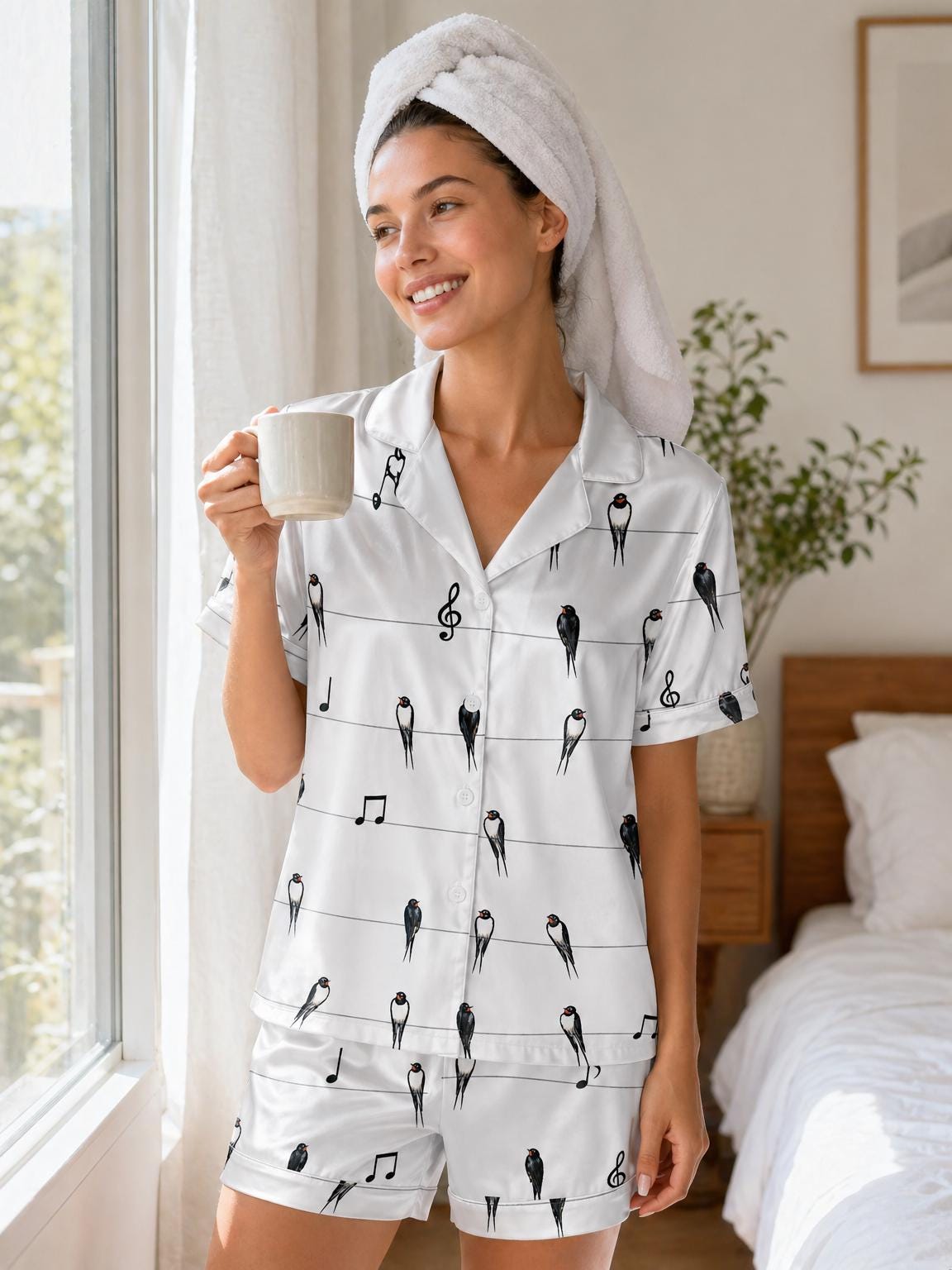 Swallow Satin Pajama Set, Bird Print Sleepwear, Musical Notes Pajamas, Bridal Pajamas Set, Short Sleeve Summer PJs, Custom Bird Pajamas