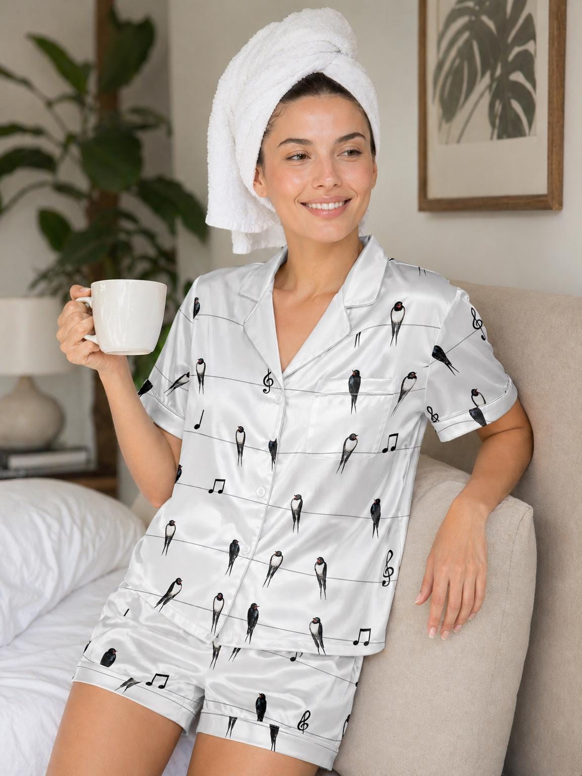 Swallow Satin Pajama Set, Bird Print Sleepwear, Musical Notes Pajamas, Bridal Pajamas Set, Short Sleeve Summer PJs, Custom Bird Pajamas
