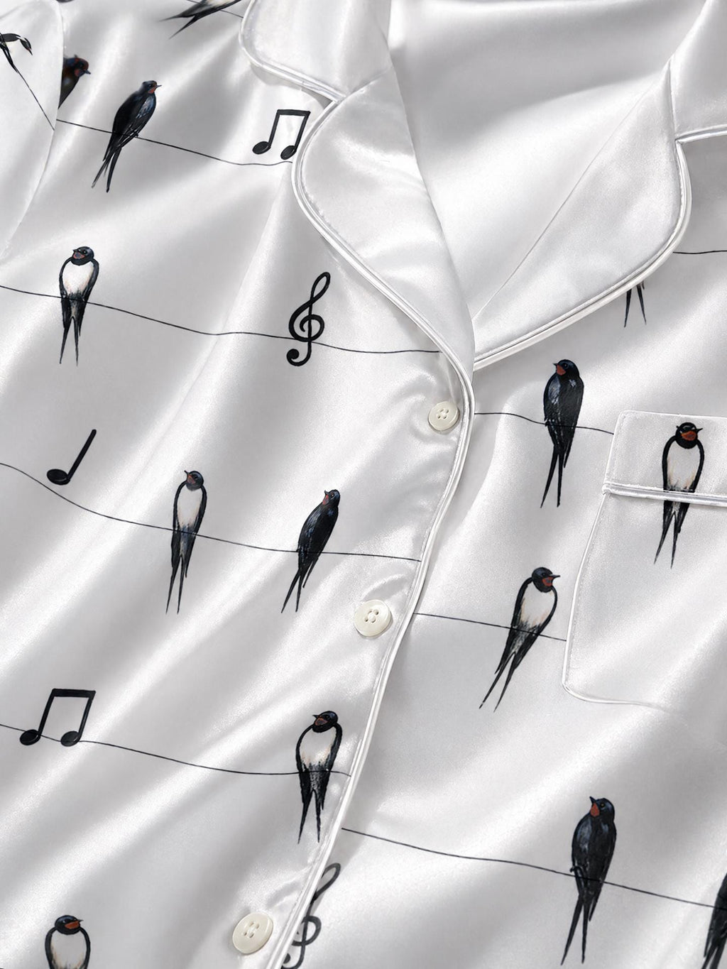 Swallow Satin Pajama Set, Bird Print Sleepwear, Musical Notes Pajamas, Bridal Pajamas Set, Short Sleeve Summer PJs, Custom Bird Pajamas