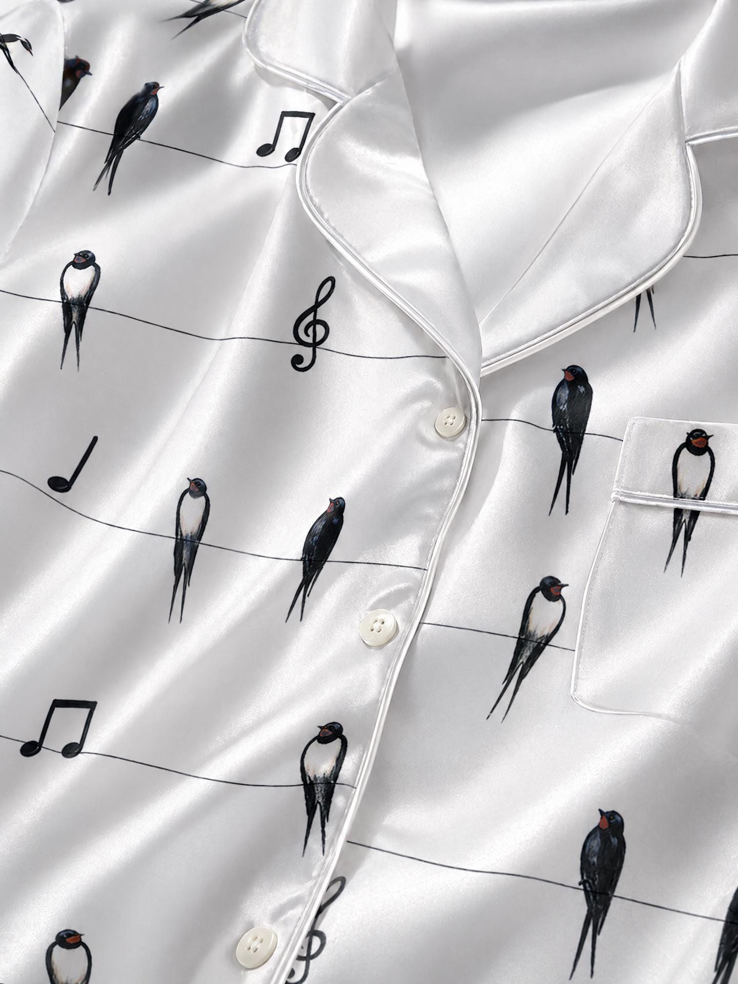 Swallow Satin Pajama Set, Bird Print Sleepwear, Musical Notes Pajamas, Bridal Pajamas Set, Short Sleeve Summer PJs, Custom Bird Pajamas