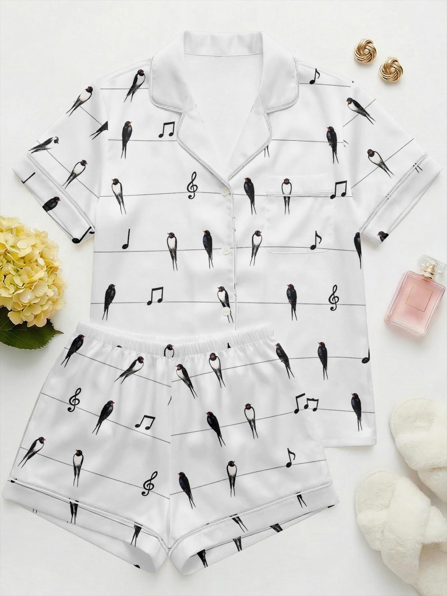 Swallow Satin Pajama Set, Bird Print Sleepwear, Musical Notes Pajamas, Bridal Pajamas Set, Short Sleeve Summer PJs, Custom Bird Pajamas