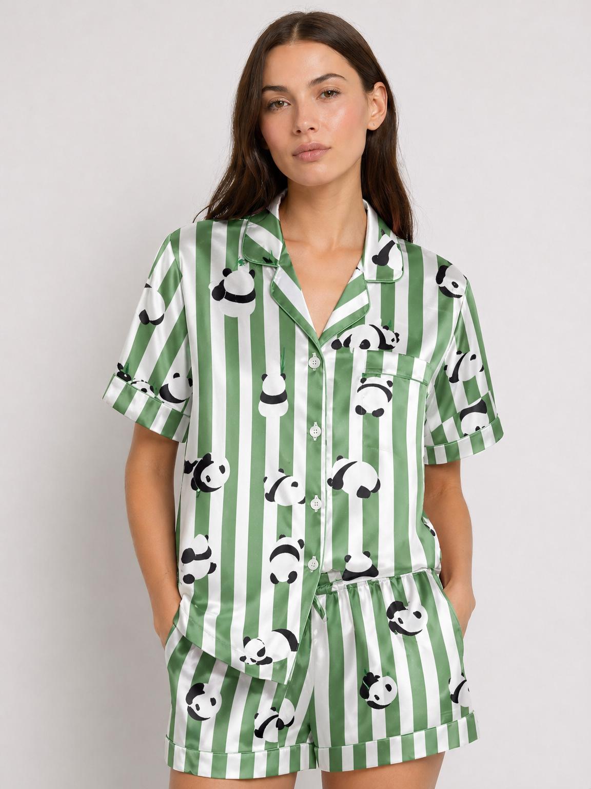 Panda Satin Pajama Set, Striped Cute Animal Pajamas, Summer Short PJs, Green Stripe Sleepwear, Custom Animal Pajamas, Gift for Her