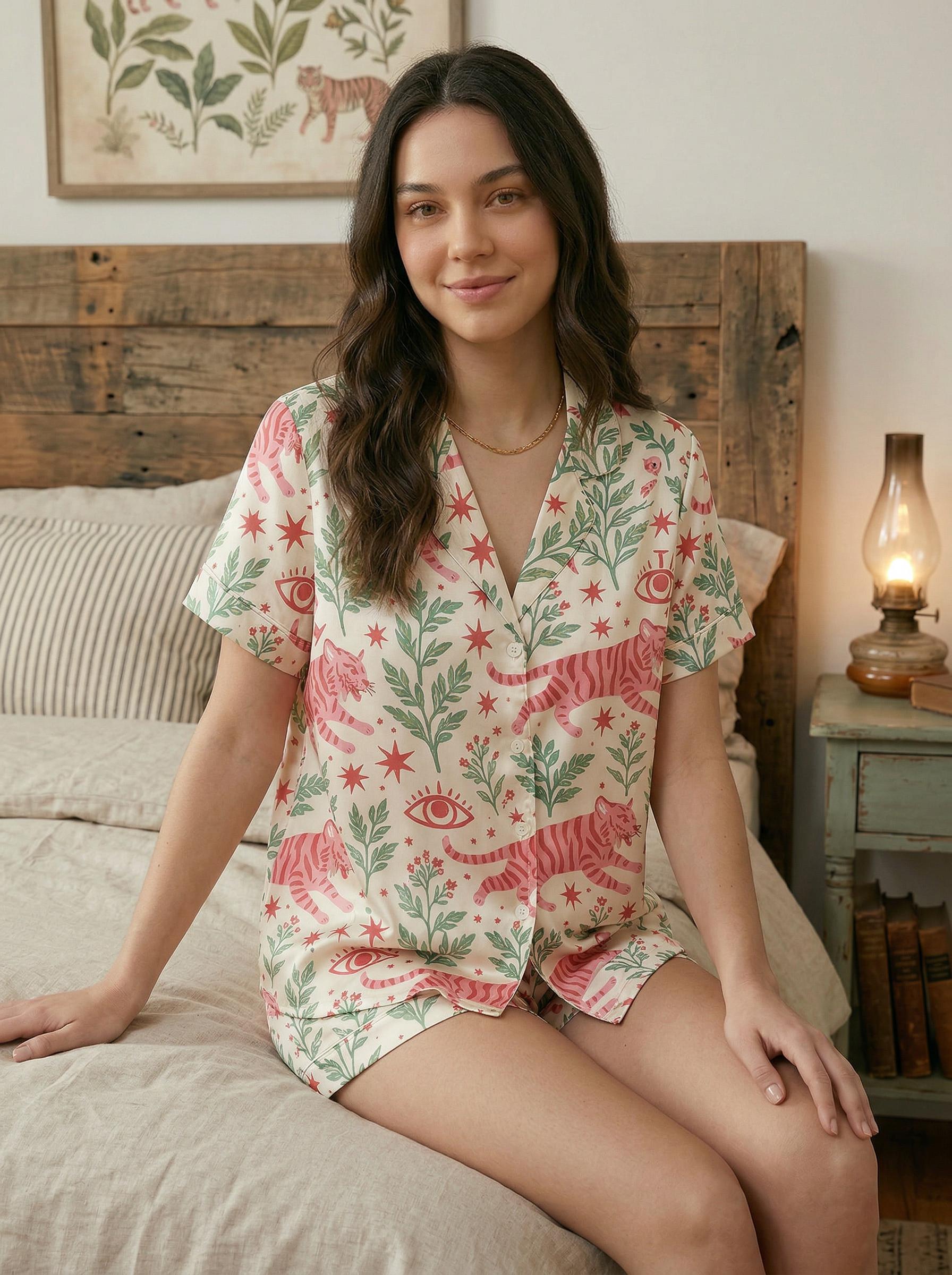 Satin Pajama Set Women, Tiger Botanical Print Sleepwear, Summer Garden Loungewear