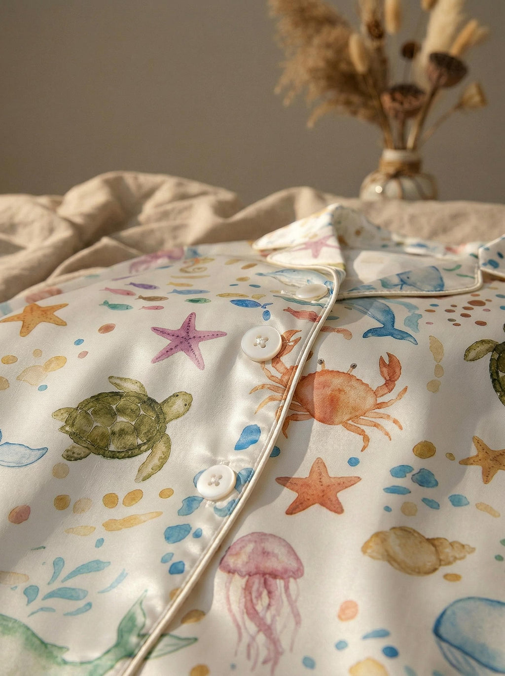 Satin Pajama Set Women, Tiger Botanical Print Sleepwear, Summer Garden Loungewear