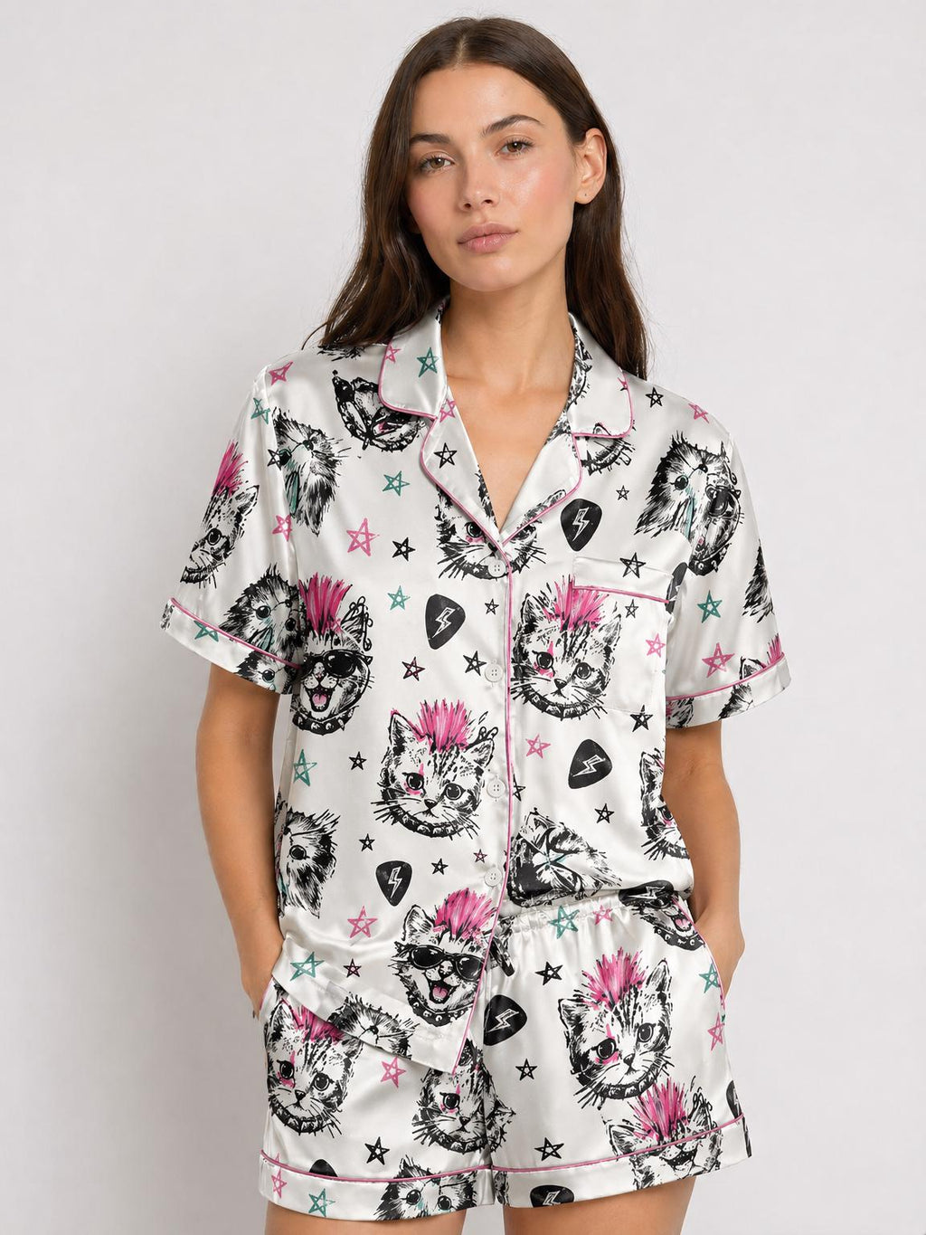 Punk Cat Pajama Set,  kitten prints Satin Pajamas , Summer Short Sleepwear, Edgy Aesthetic Loungewear, Custom Pajamas, Gift for Girlfriend