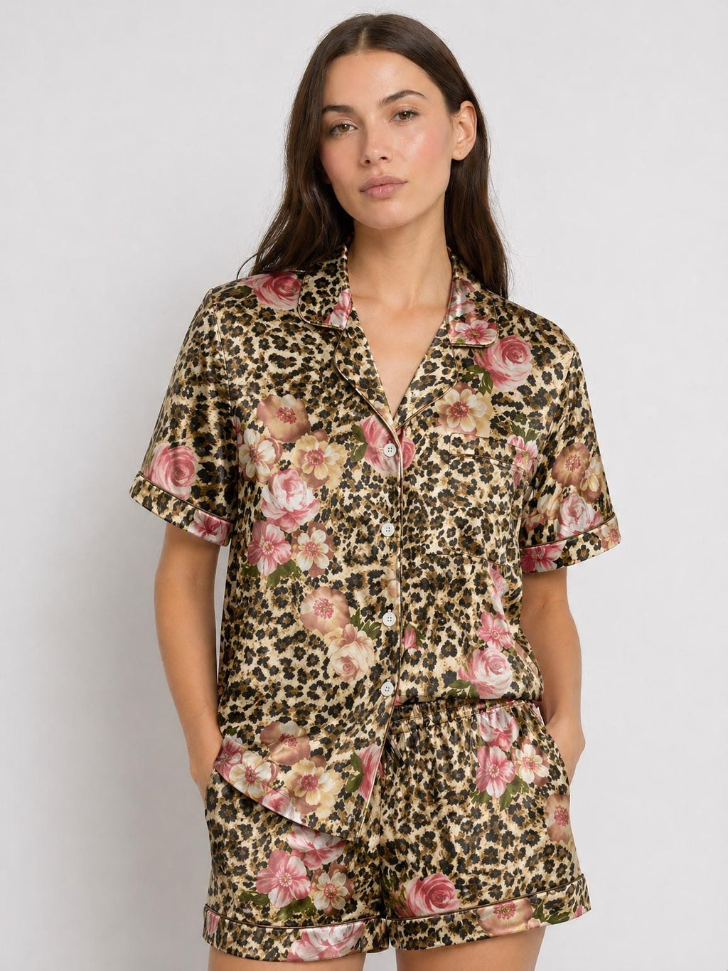 Leopard Floral Pajama Set Women, Satin Summer Pajamas Short Sleeve, Vintage Aesthetic Sleepwear, Animal Print Loungewear, Custom Pajamas