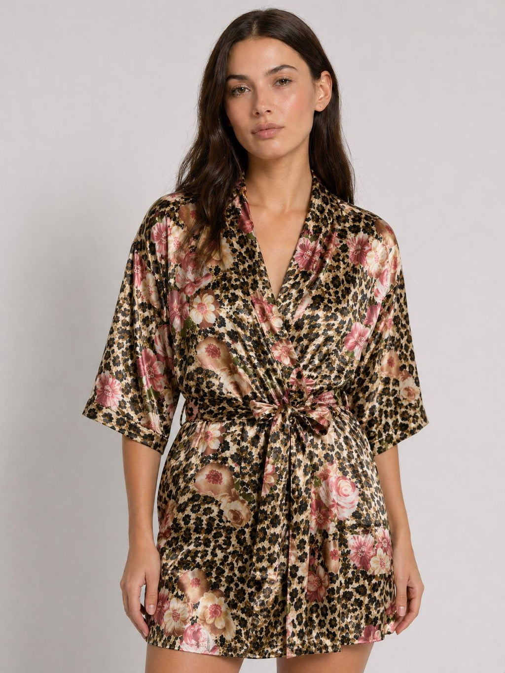 Leopard Floral Pajama Set Women, Satin Summer Pajamas Short Sleeve, Vintage Aesthetic Sleepwear, Animal Print Loungewear, Custom Pajamas
