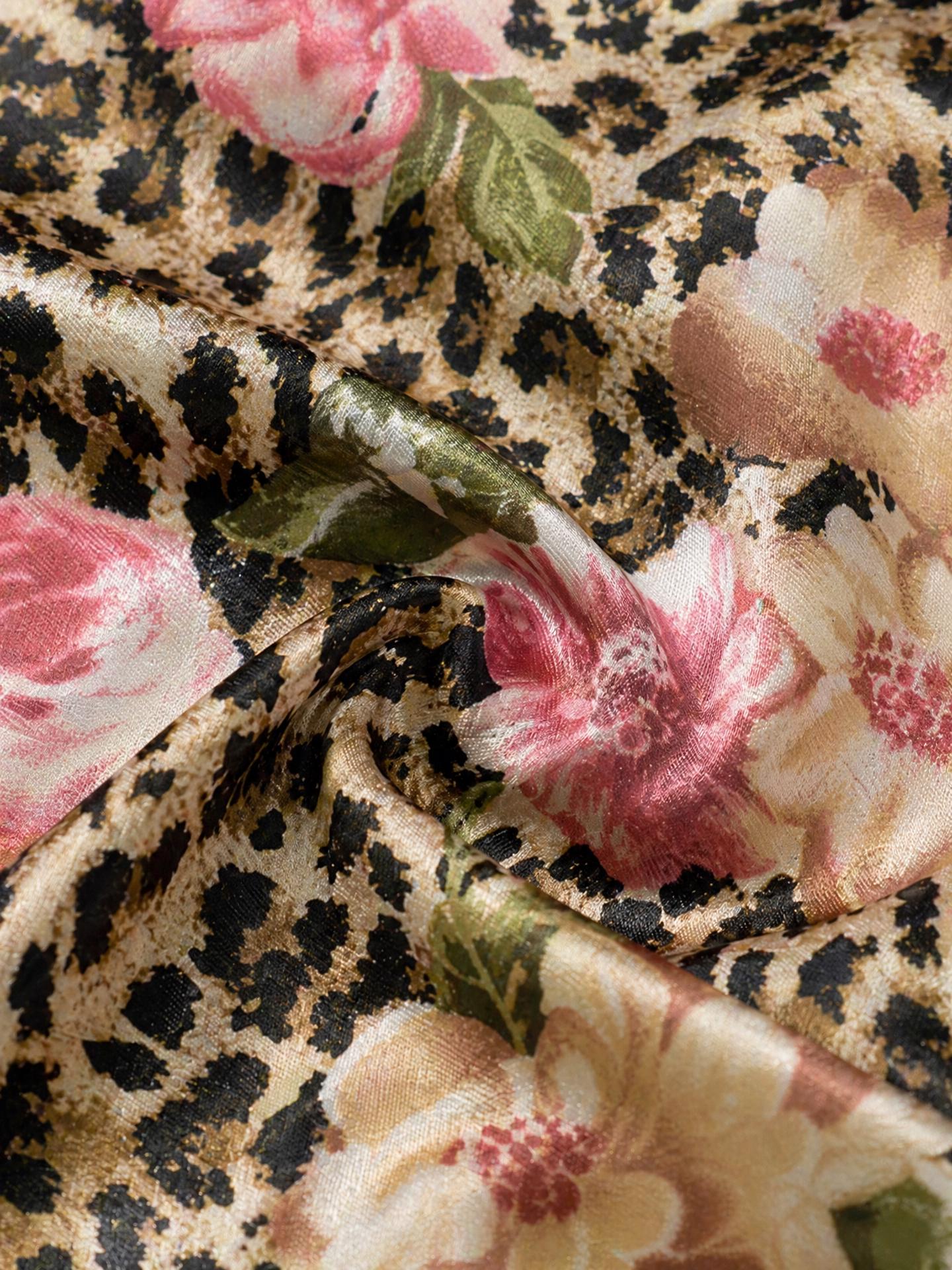 Leopard Floral Pajama Set Women, Satin Summer Pajamas Short Sleeve, Vintage Aesthetic Sleepwear, Animal Print Loungewear, Custom Pajamas