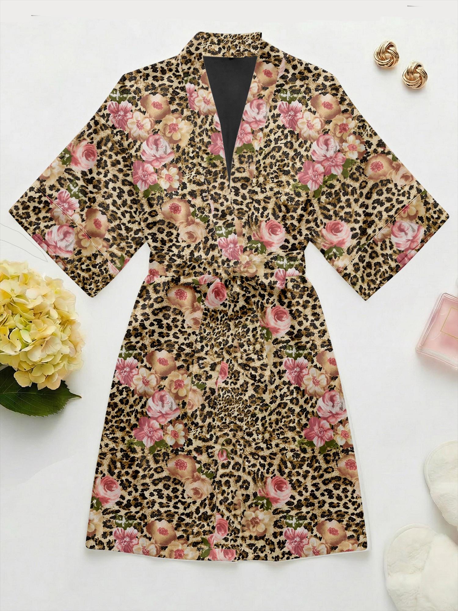Leopard Floral Pajama Set Women, Satin Summer Pajamas Short Sleeve, Vintage Aesthetic Sleepwear, Animal Print Loungewear, Custom Pajamas