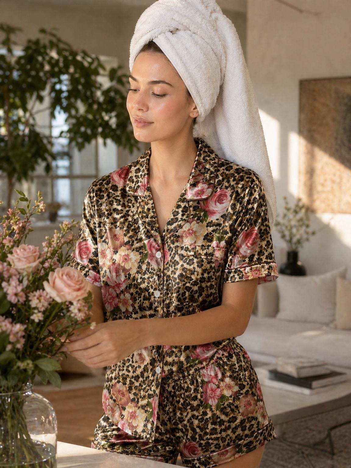 Leopard Floral Pajama Set Women, Satin Summer Pajamas Short Sleeve, Vintage Aesthetic Sleepwear, Animal Print Loungewear, Custom Pajamas