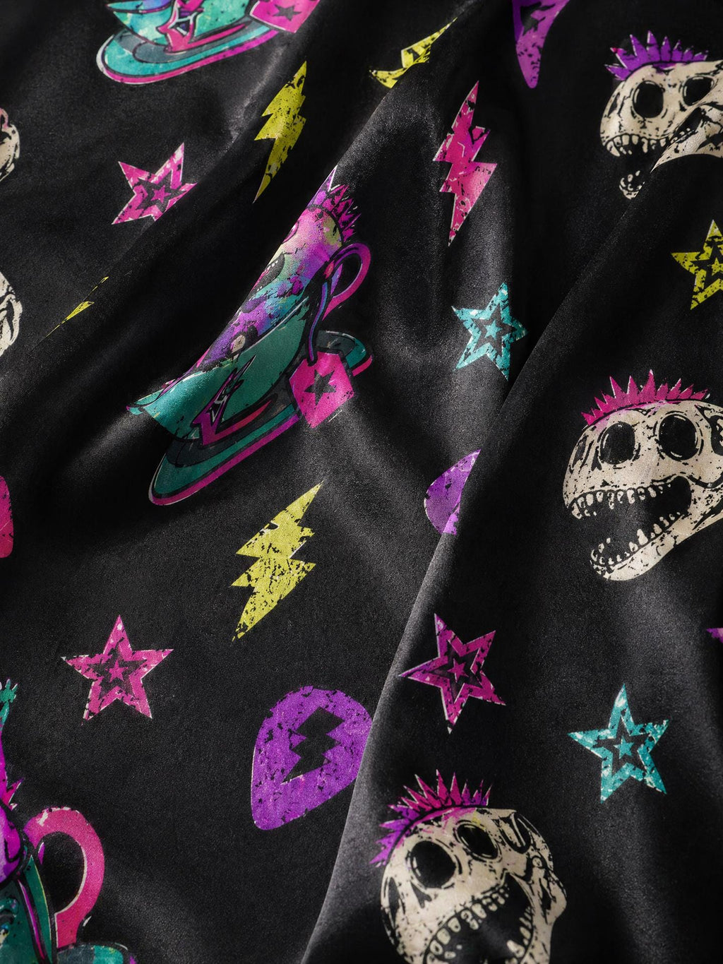 Women's Punk Dinosaur Satin Pajama Set, Neon Goth Skull Sleepwear, Y2K Loungewear