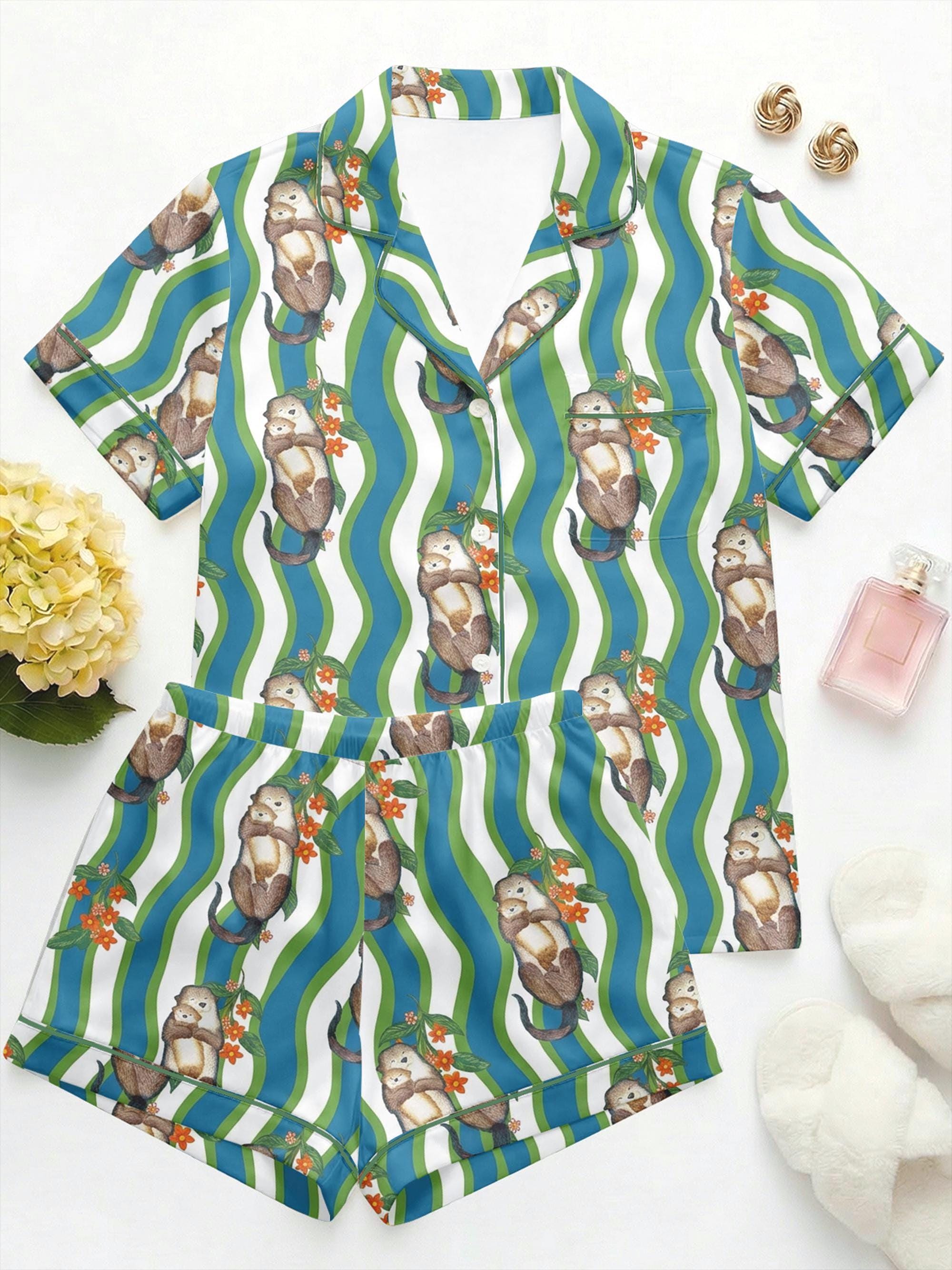 Otter Print Satin Pajama Set, Women's Sleepwear, Summer Loungewear, Gift for Mom
