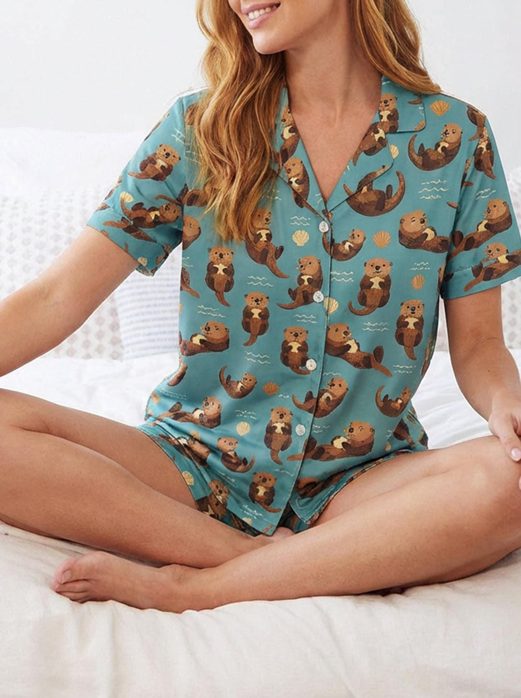 Otter Print Satin Pajama Set, Women's Sleepwear, Summer Loungewear, Gift for Mom