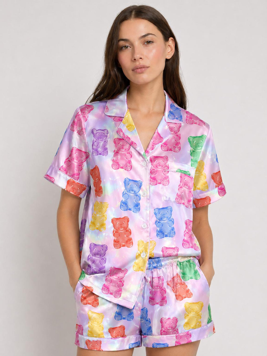 Gummy Bear Pajama Set Women, Dopamine Aesthetic Satin Pajamas, Cute Candy Bear Sleepwear, Kawaii Lounge Set, Custom Summer Pajamas