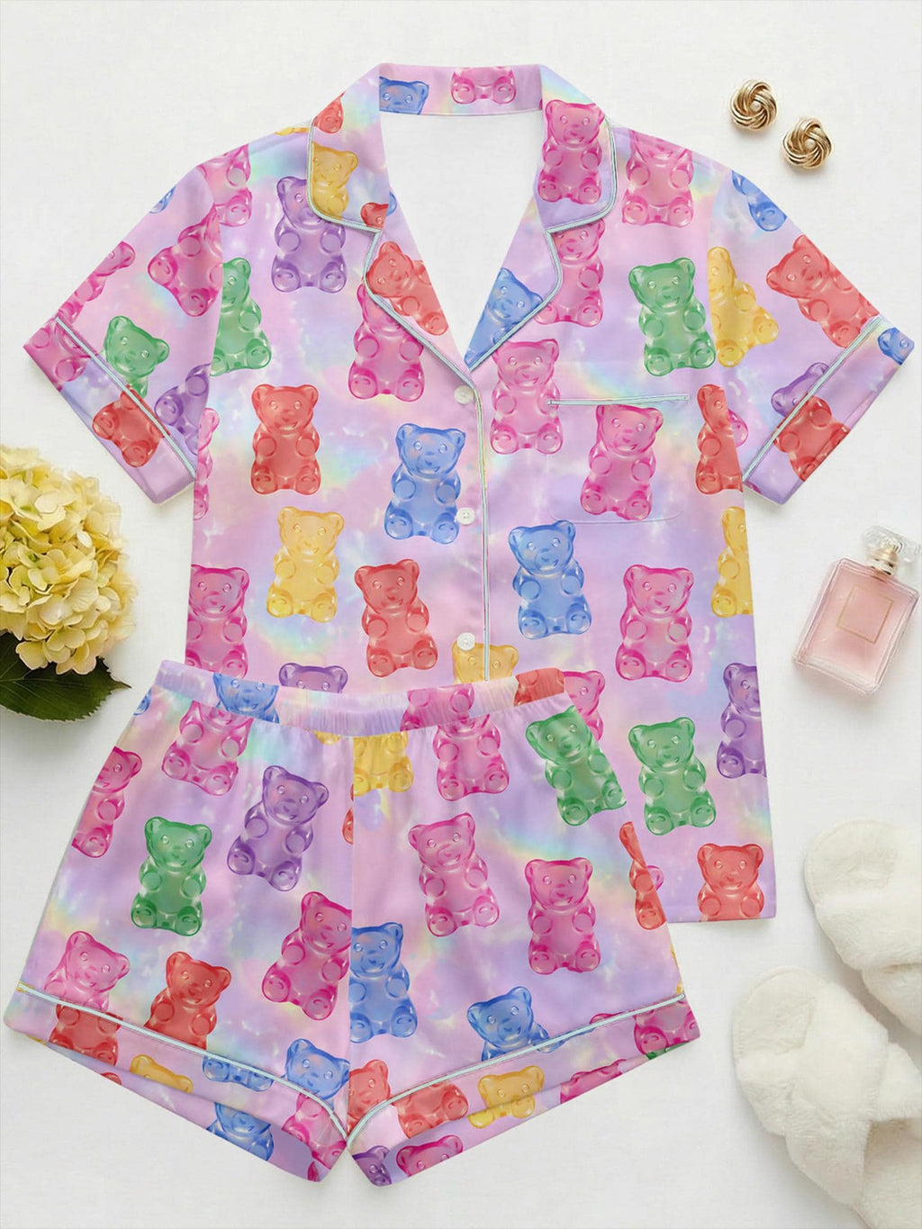Gummy Bear Pajama Set Women, Dopamine Aesthetic Satin Pajamas, Cute Candy Bear Sleepwear, Kawaii Lounge Set, Custom Summer Pajamas