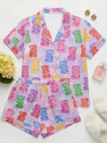 Gummy Bear Pajama Set Women, Dopamine Aesthetic Satin Pajamas, Cute Candy Bear Sleepwear, Kawaii Lounge Set, Custom Summer Pajamas