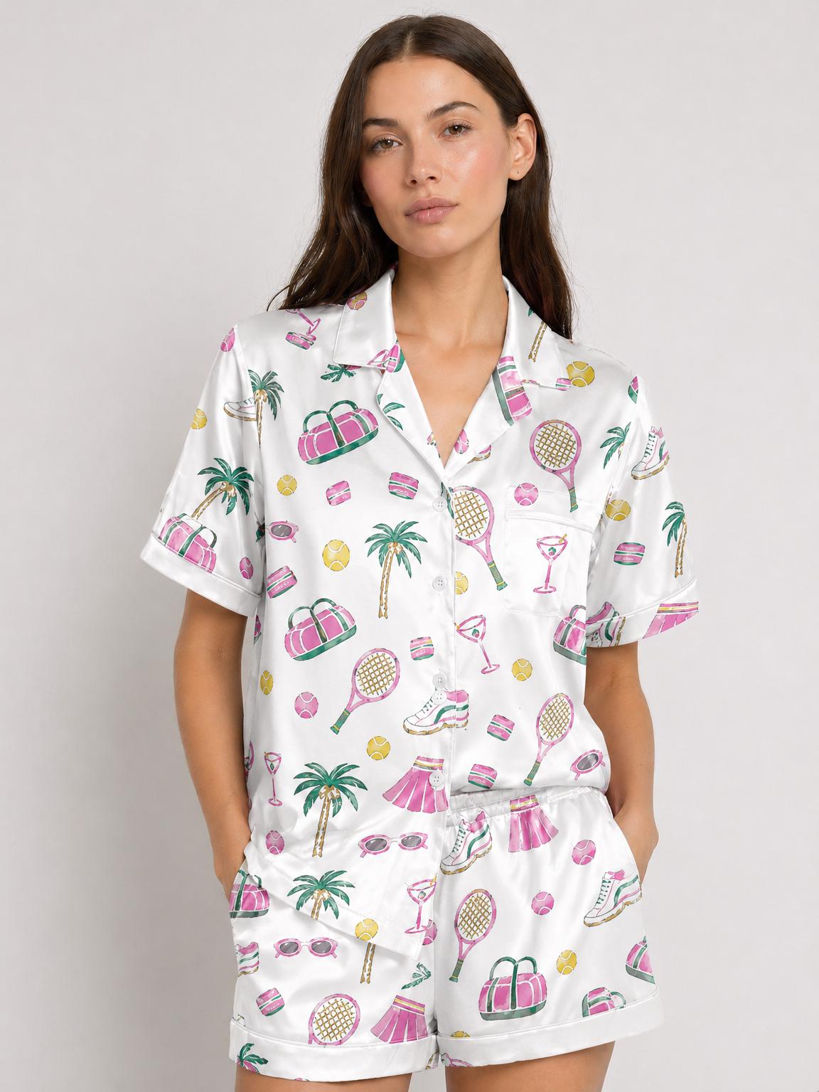 Tennis Pajama Set Women, Vacation Pajamas, Preppy Sleepwear, Resort Lounge Set, Tennis Lover Gift, Summer Satin Pajamas, Country Club Outfit