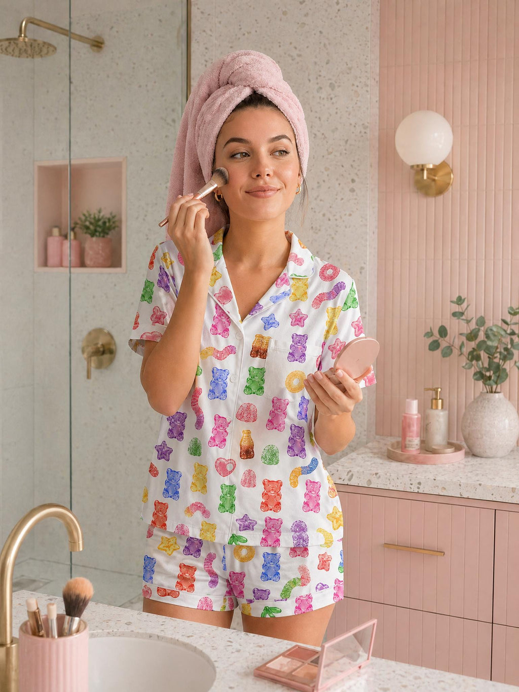 Gummy Bear Candy Print Pajama Set, Satin Sleepwear, Women's Lounge Shorts