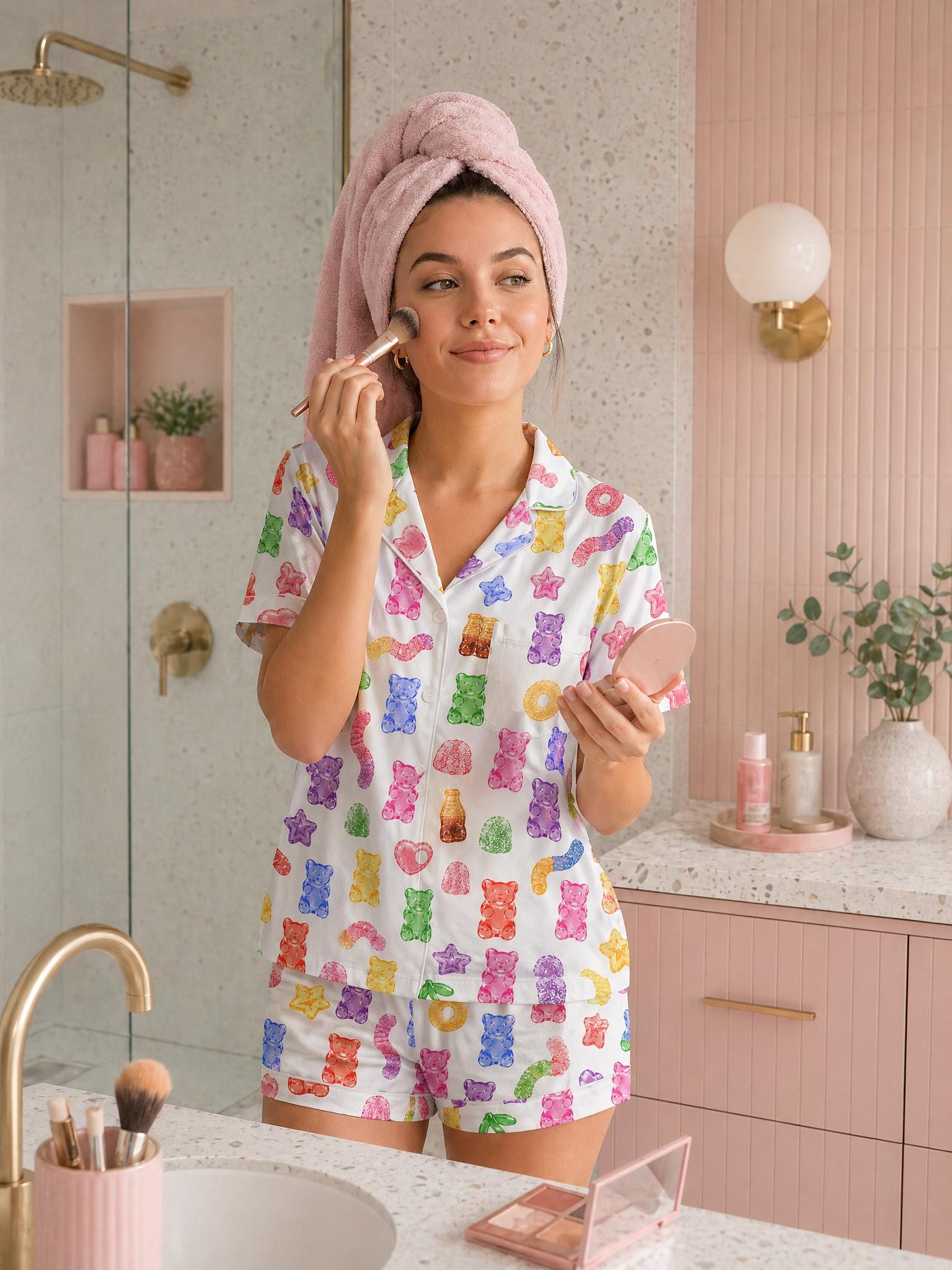 Gummy Bear Candy Print Pajama Set, Satin Sleepwear, Women's Lounge Shorts