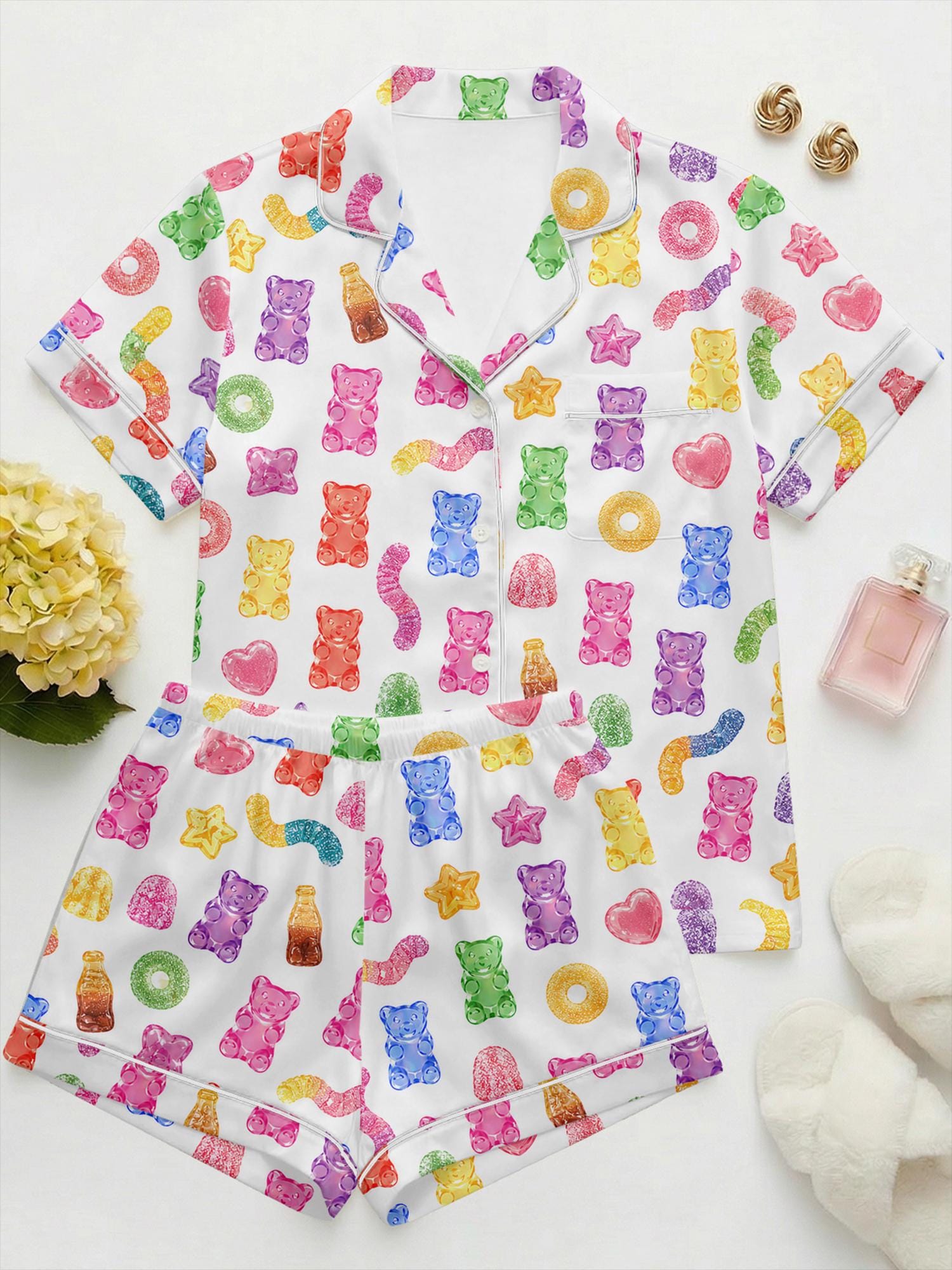 Gummy Bear Candy Print Pajama Set, Satin Sleepwear, Women's Lounge Shorts