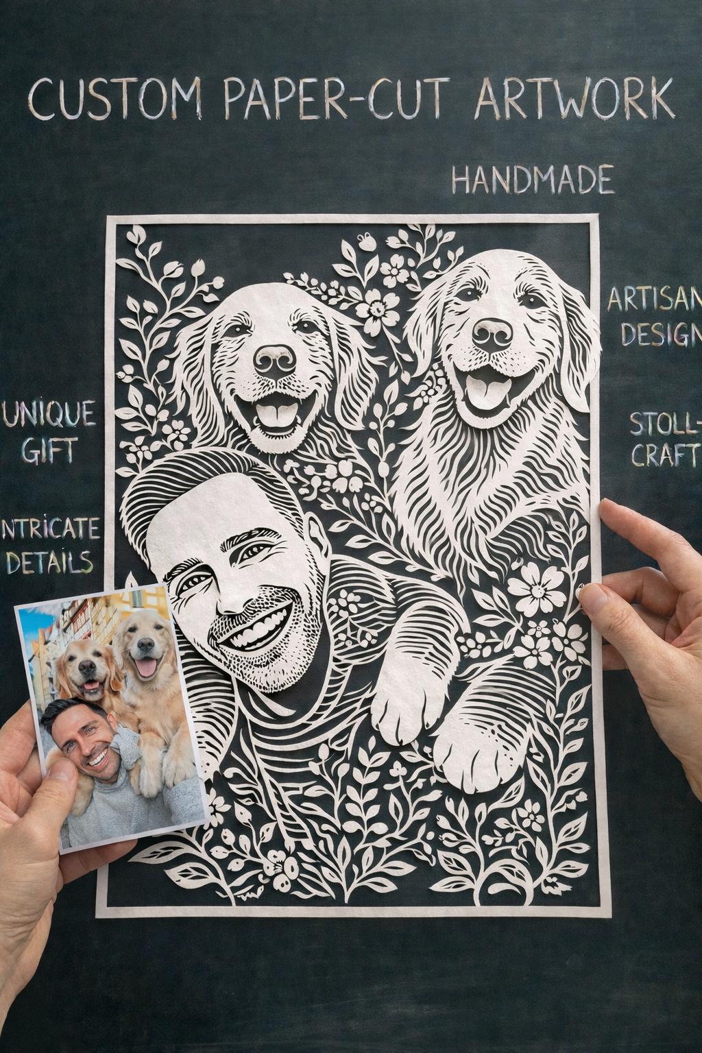 Personalized Pet /Owner Portrait,Custom Pet Paper Cut Portrait from Photo,Dog Portrait Gift, Family / Birthday Gift,Pet Memorial Art