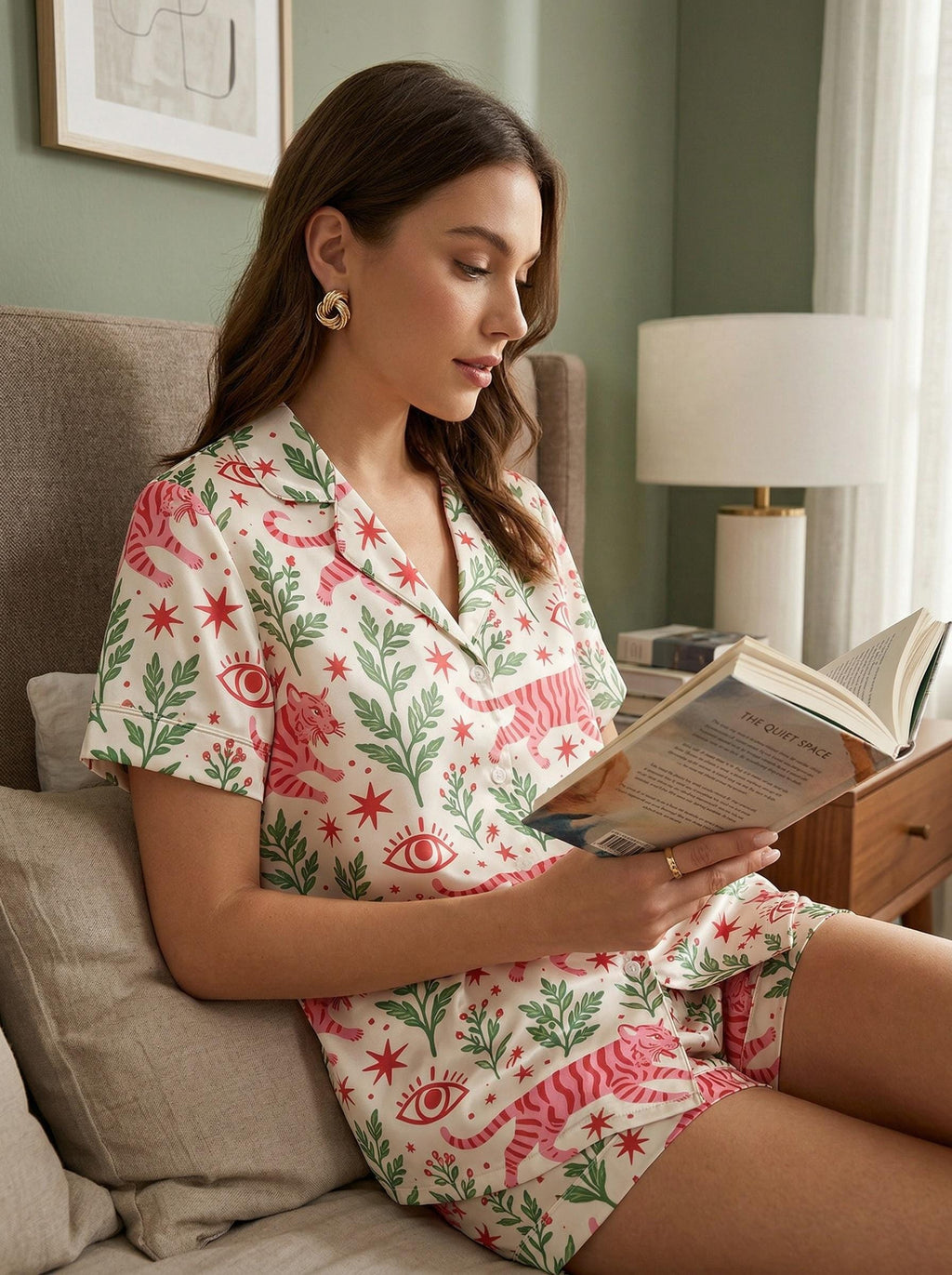 Satin Pajama Set Women, Tiger Botanical Print Sleepwear, Summer Garden Loungewear