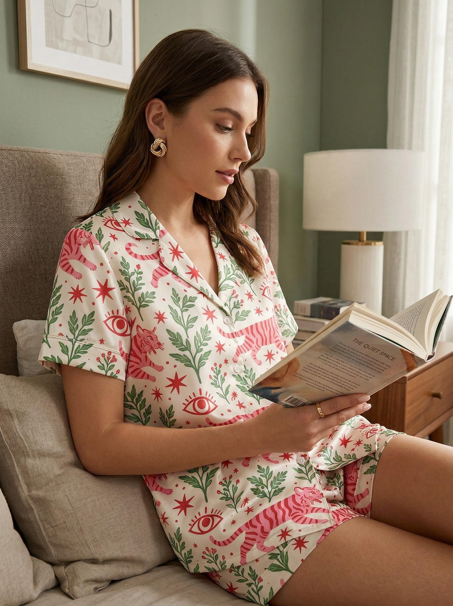 Satin Pajama Set Women, Tiger Botanical Print Sleepwear, Summer Garden Loungewear