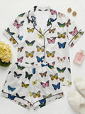 Women's Butterfly Satin Pajama Set, Colorful Summer Sleepwear, Floral Loungewear
