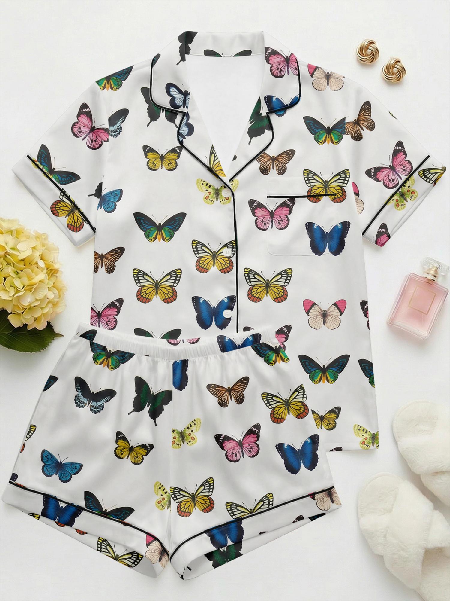 Women's Butterfly Satin Pajama Set, Colorful Summer Sleepwear, Floral Loungewear