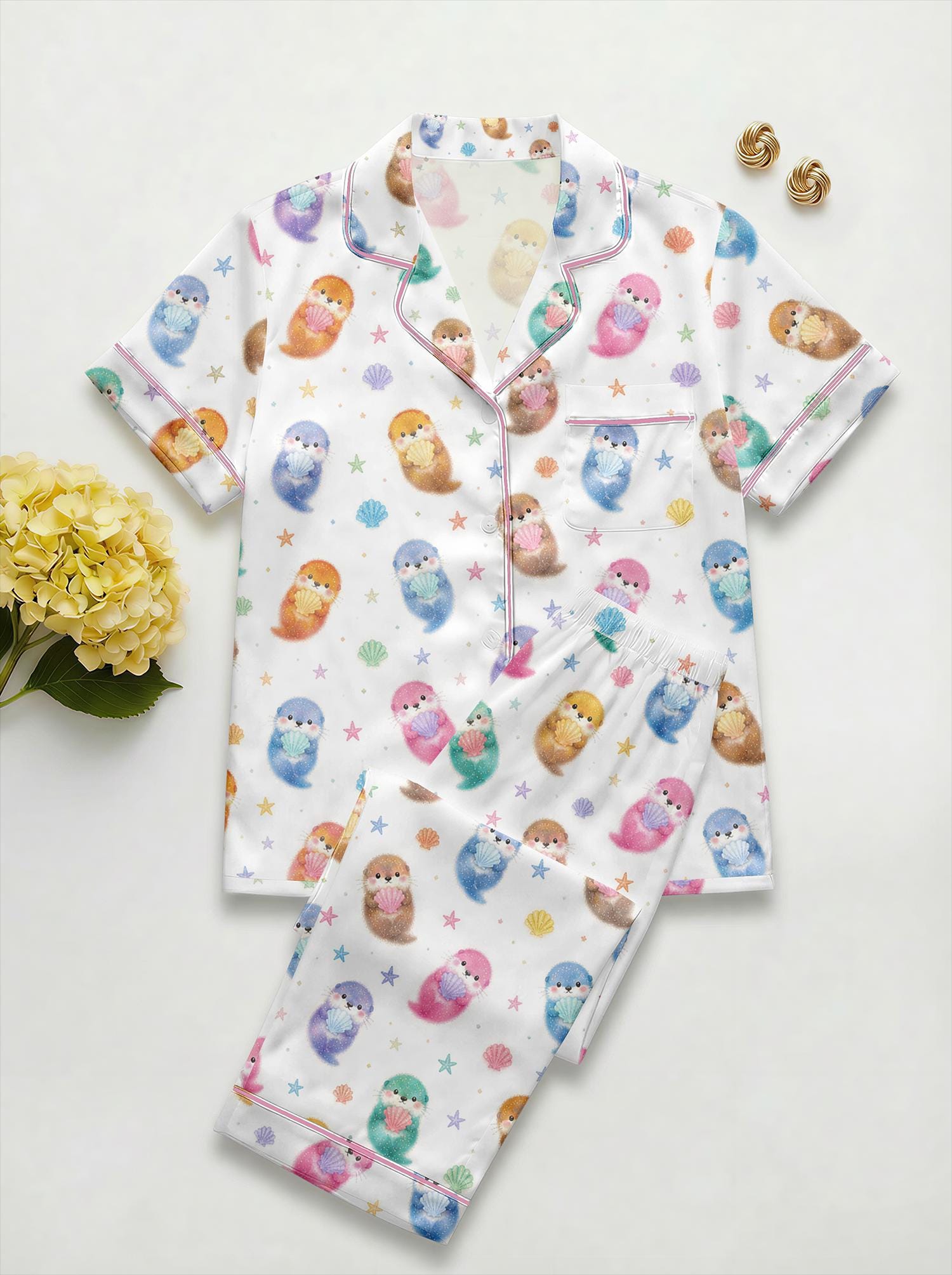 Women's Otter Print Pajama Set, Short Sleeve Sleepwear, Ocean Loungewear
