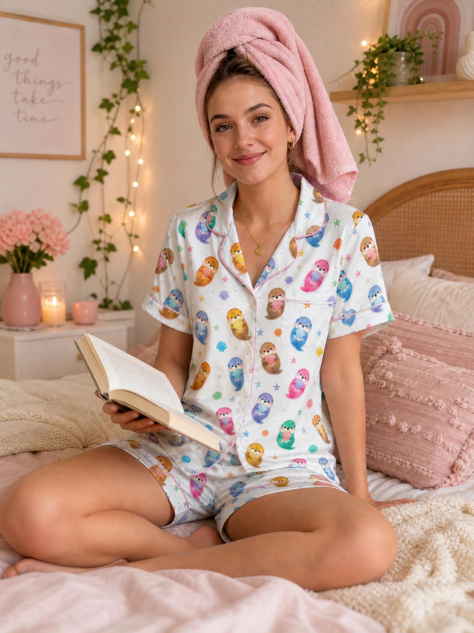 Women's Otter Print Pajama Set, Short Sleeve Sleepwear, Ocean Loungewear