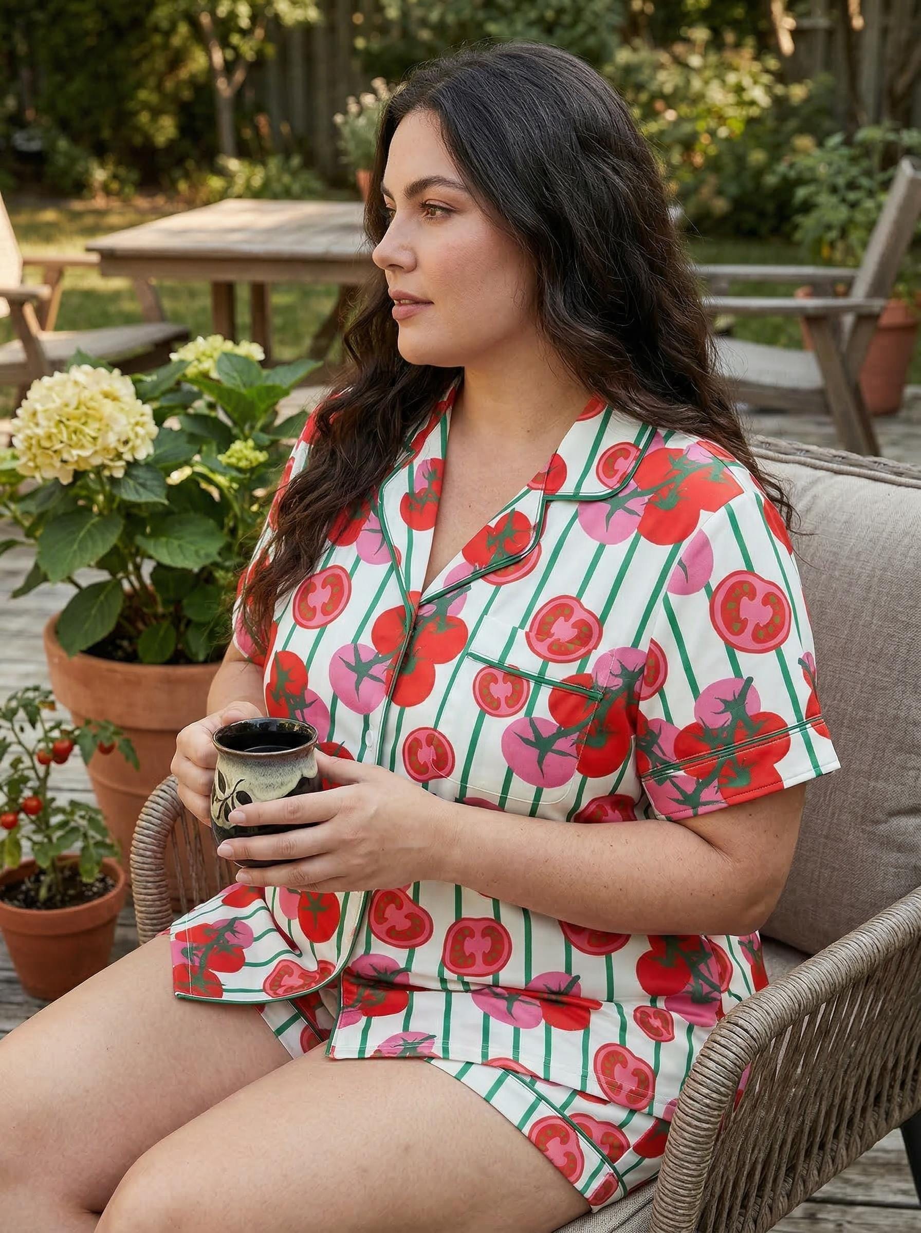 Plus Size Tomato Print Pajama Set, Short Sleeve Summer Sleepwear, Lightweight Lounge PJs