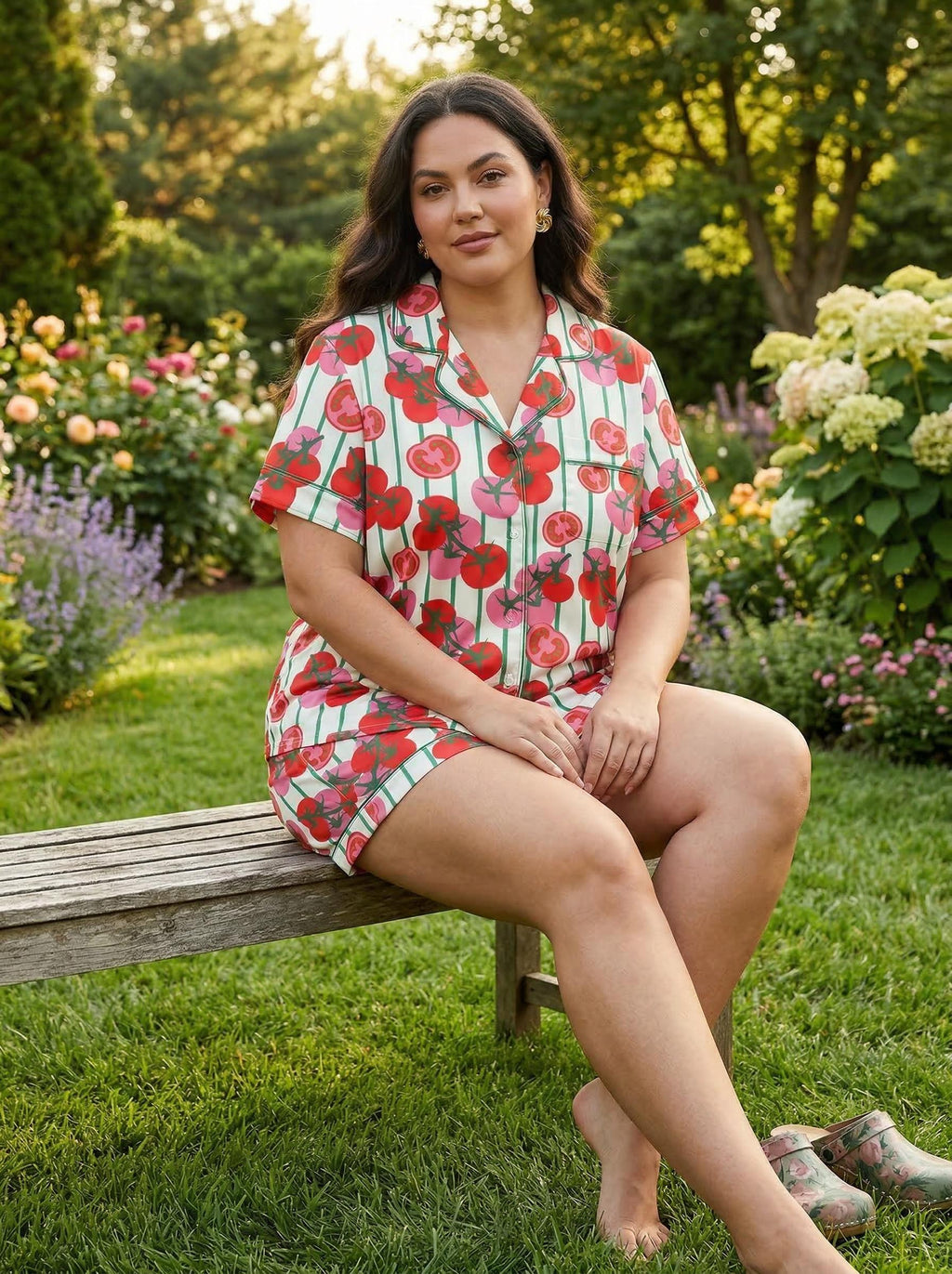 Plus Size Tomato Print Pajama Set, Short Sleeve Summer Sleepwear, Lightweight Lounge PJs