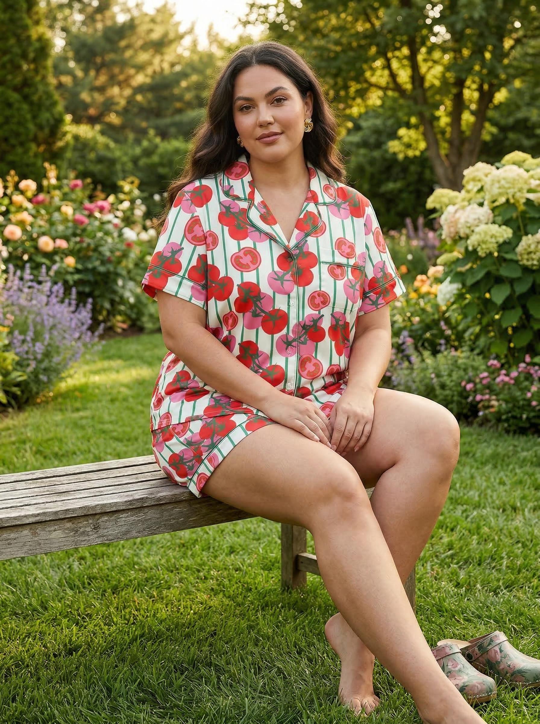 Plus Size Tomato Print Pajama Set, Short Sleeve Summer Sleepwear, Lightweight Lounge PJs