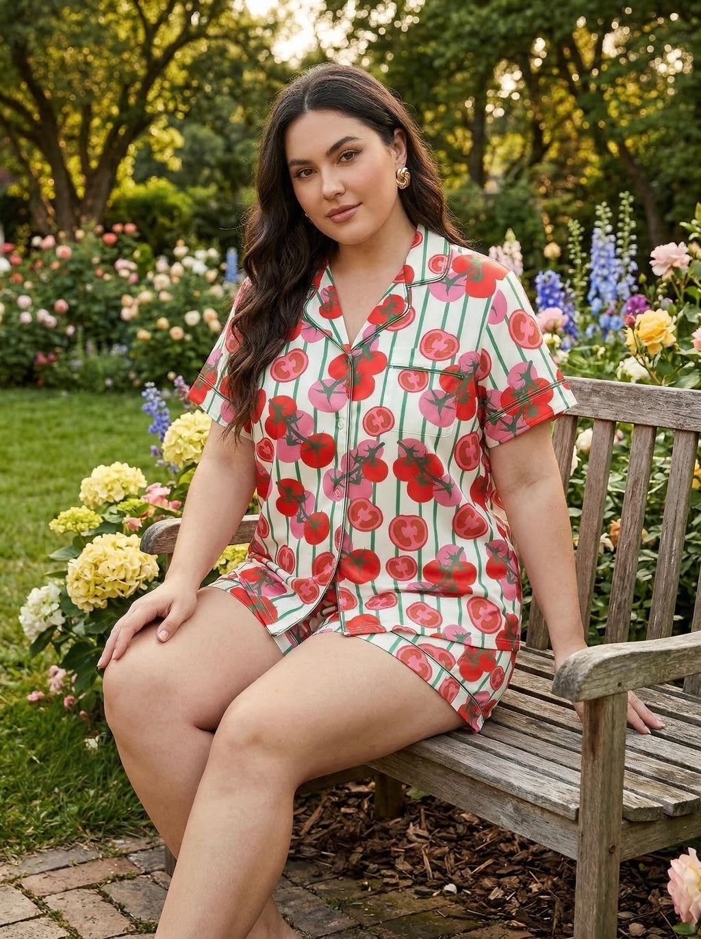 Plus Size Tomato Print Pajama Set, Short Sleeve Summer Sleepwear, Lightweight Lounge PJs