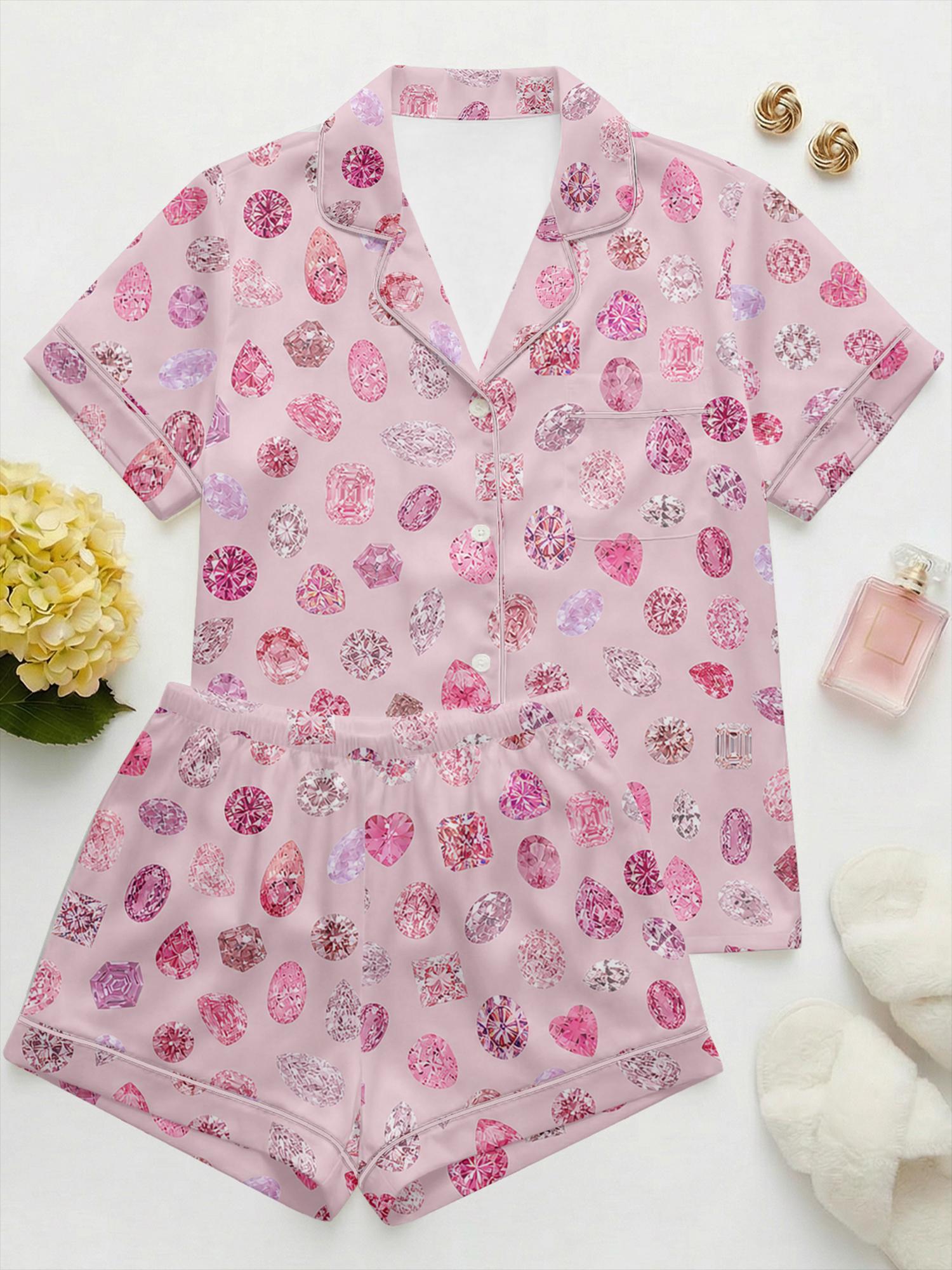 Pink Diamond Pajama Set Women, Luxury Satin Pajamas, Bridal Pajamas, Bachelorette Outfit, Cute Girly Sleepwear, Girls Night Lounge Set