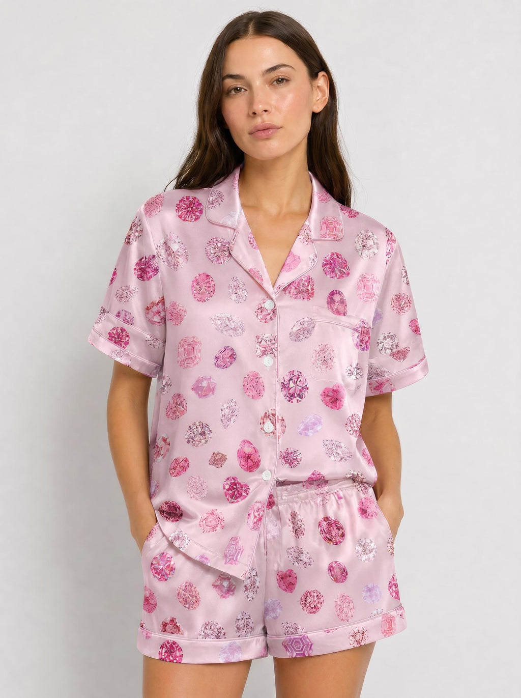 Pink Diamond Pajama Set Women, Luxury Satin Pajamas, Bridal Pajamas, Bachelorette Outfit, Cute Girly Sleepwear, Girls Night Lounge Set