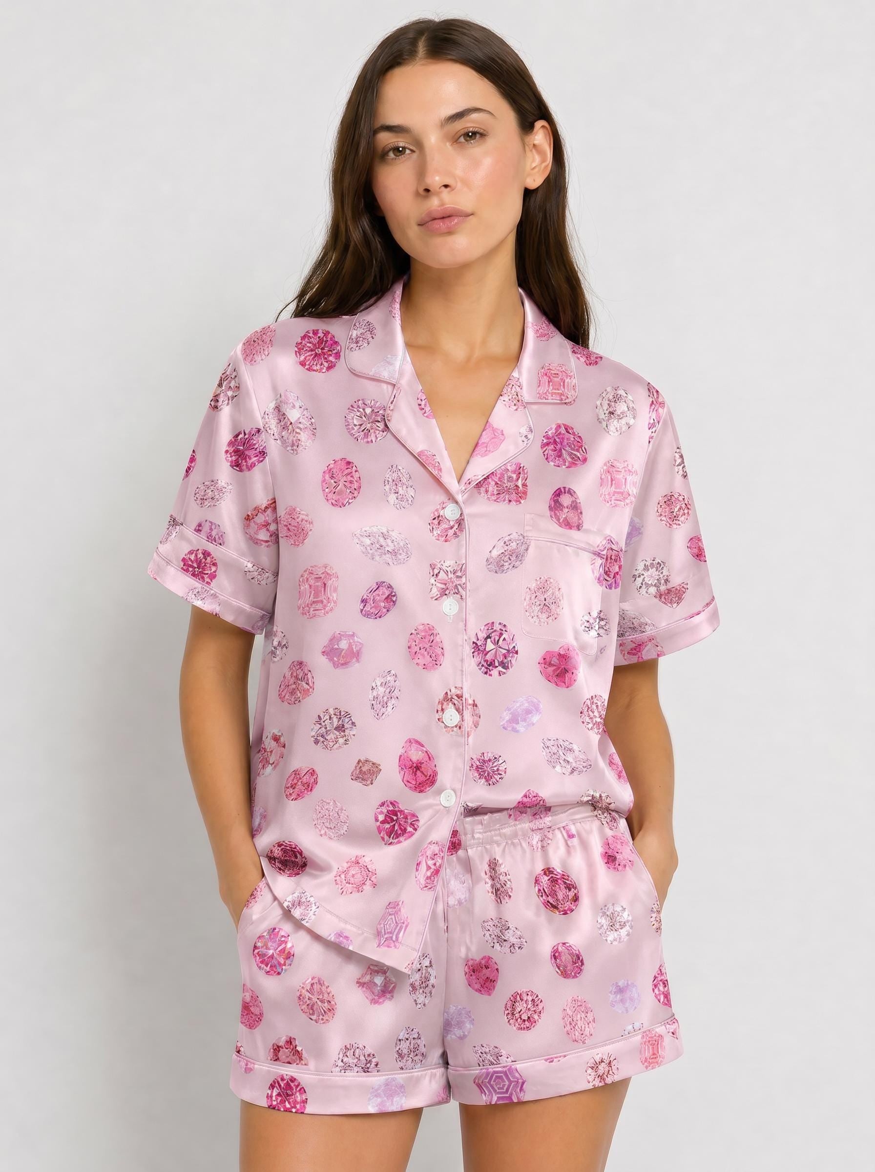 Pink Diamond Pajama Set Women, Luxury Satin Pajamas, Bridal Pajamas, Bachelorette Outfit, Cute Girly Sleepwear, Girls Night Lounge Set