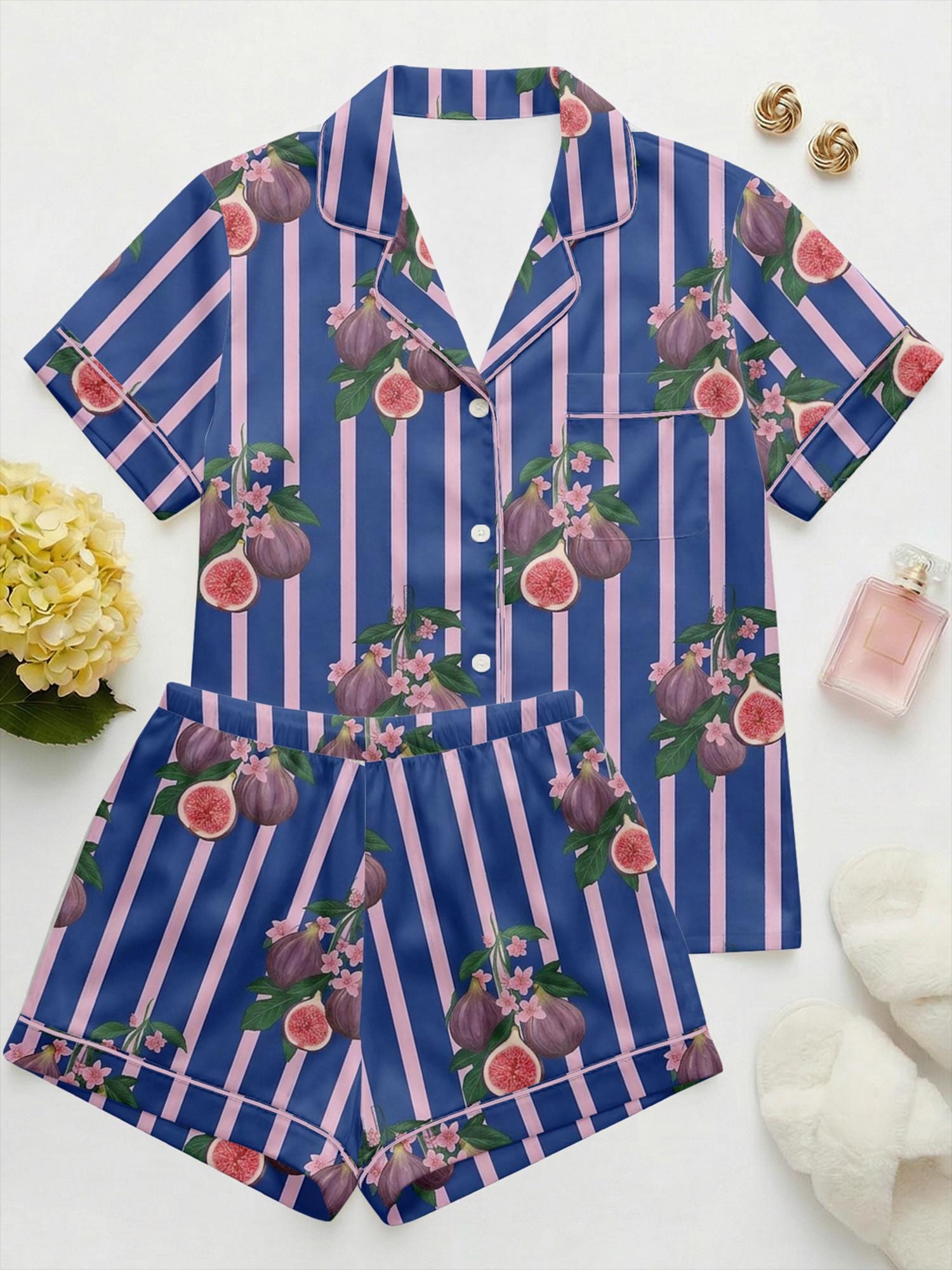 Satin Fig Stripe Pajama Set, Cottagecore Summer Sleepwear, Women's Loungewear
