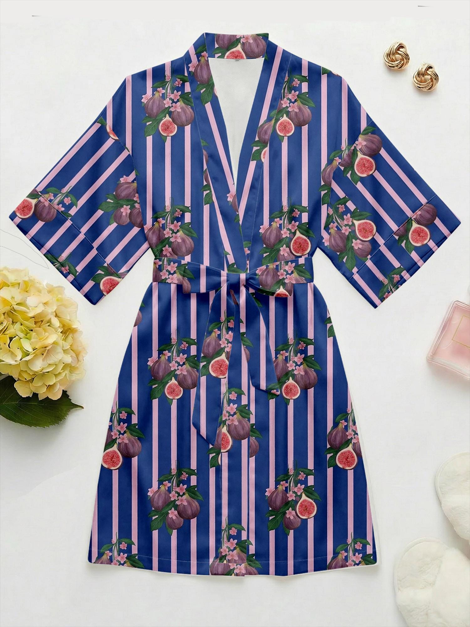 Satin Fig Stripe Pajama Set, Cottagecore Summer Sleepwear, Women's Loungewear