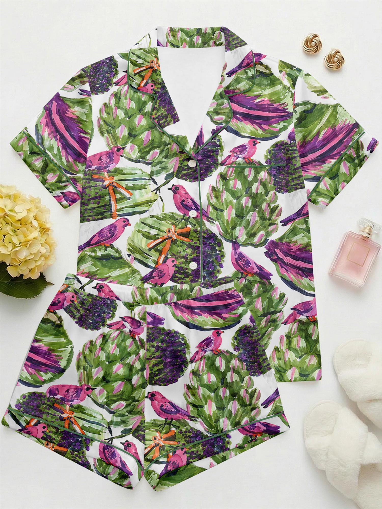 Artichoke Pajama Set for Women, Vegetable Print Satin Sleepwear, Cottagecore Summer Pajamas, Artistic Bird Loungewear, Gift for Mom