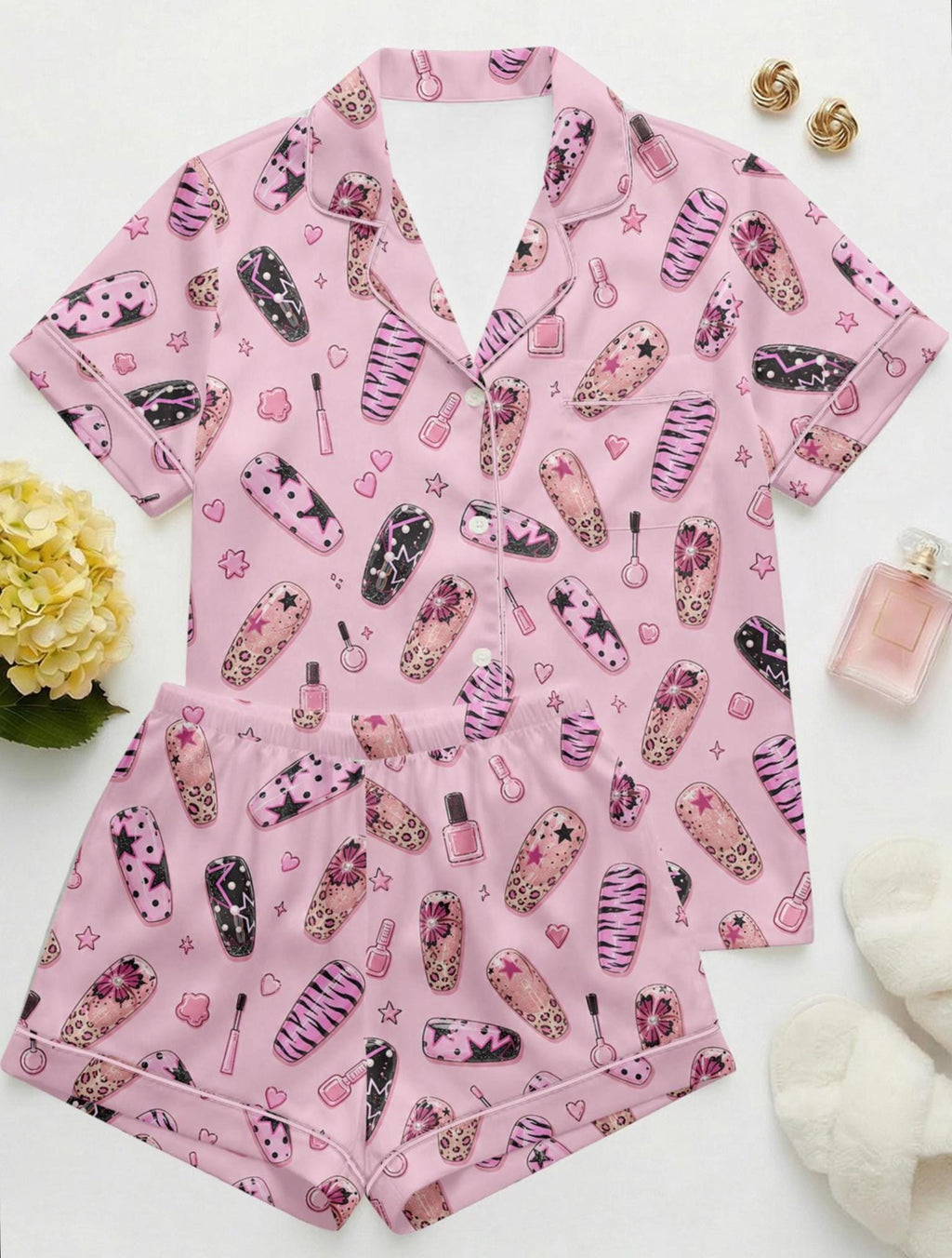 Nail Art Pajama Set for Women, Pink Cute Aesthetic Pajamas, Nail Tech Gift, Y2K Girly Sleepwear, Beauty Lover Loungewear,Nail Lover Gift